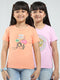 Girls Pink & Peach Printed Round Neck Half Sleeve Top 2Pc Set
