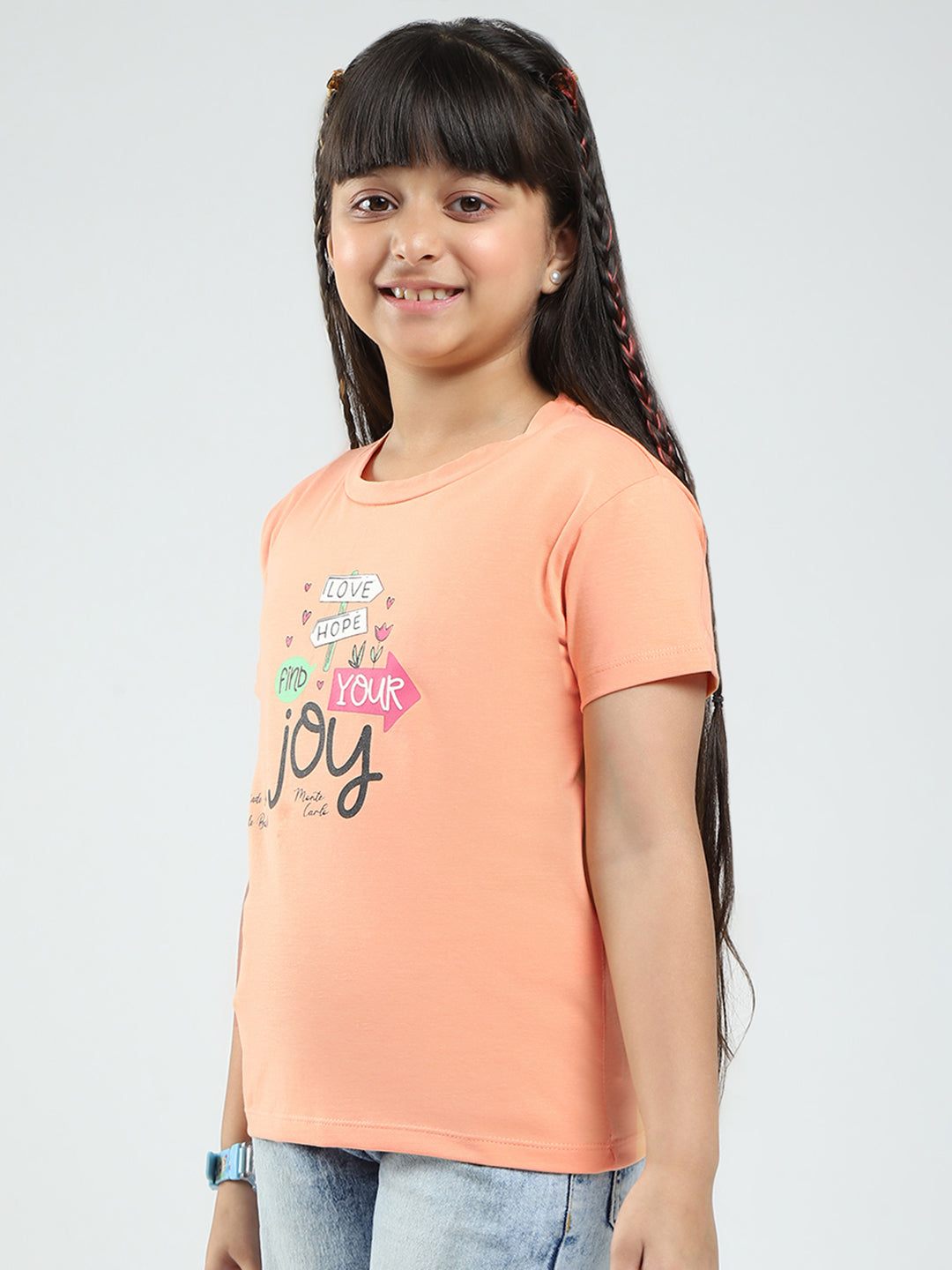 Girls Pink & Peach Printed Round Neck Half Sleeve Top 2Pc Set