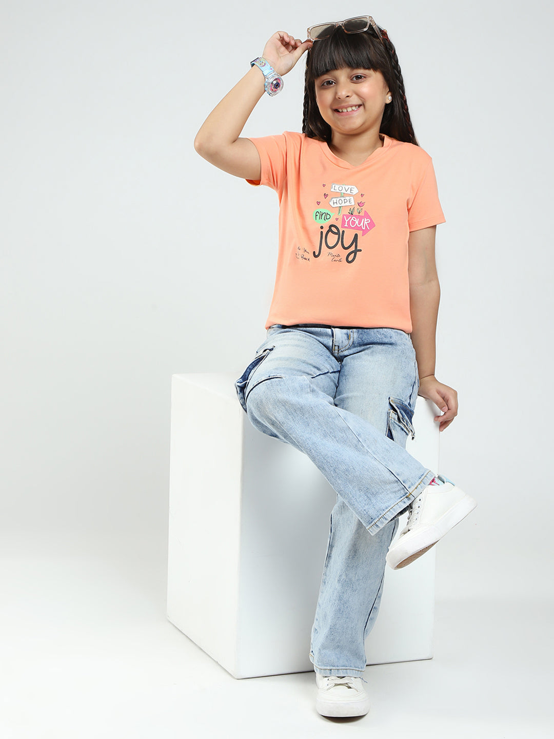 Girls Pink & Peach Printed Round Neck Half Sleeve Top 2Pc Set