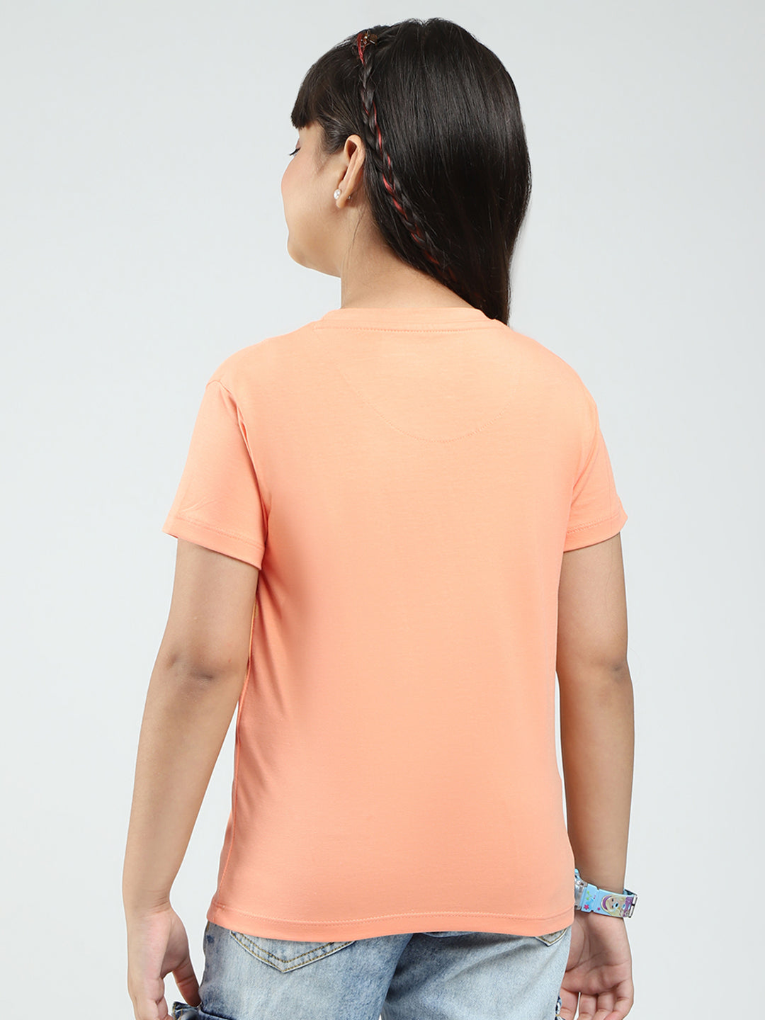 Girls Pink & Peach Printed Round Neck Half Sleeve Top 2Pc Set