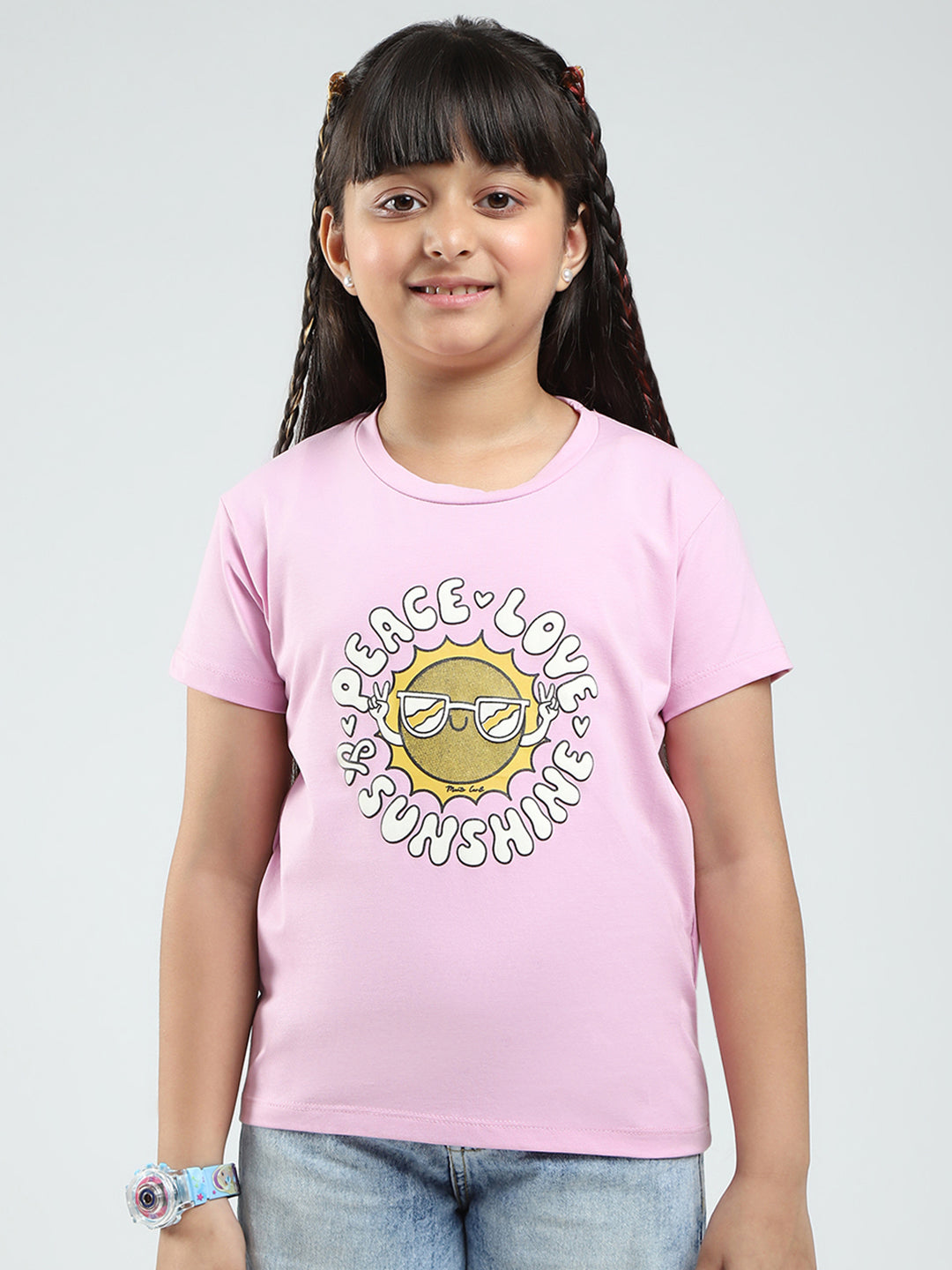 Girls Pink & Peach Printed Round Neck Half Sleeve Top 2Pc Set