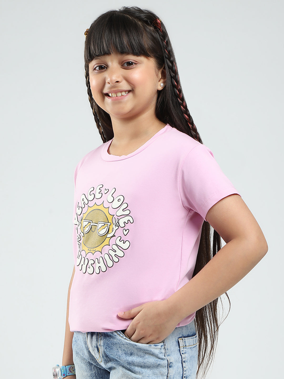 Girls Pink & Peach Printed Round Neck Half Sleeve Top 2Pc Set
