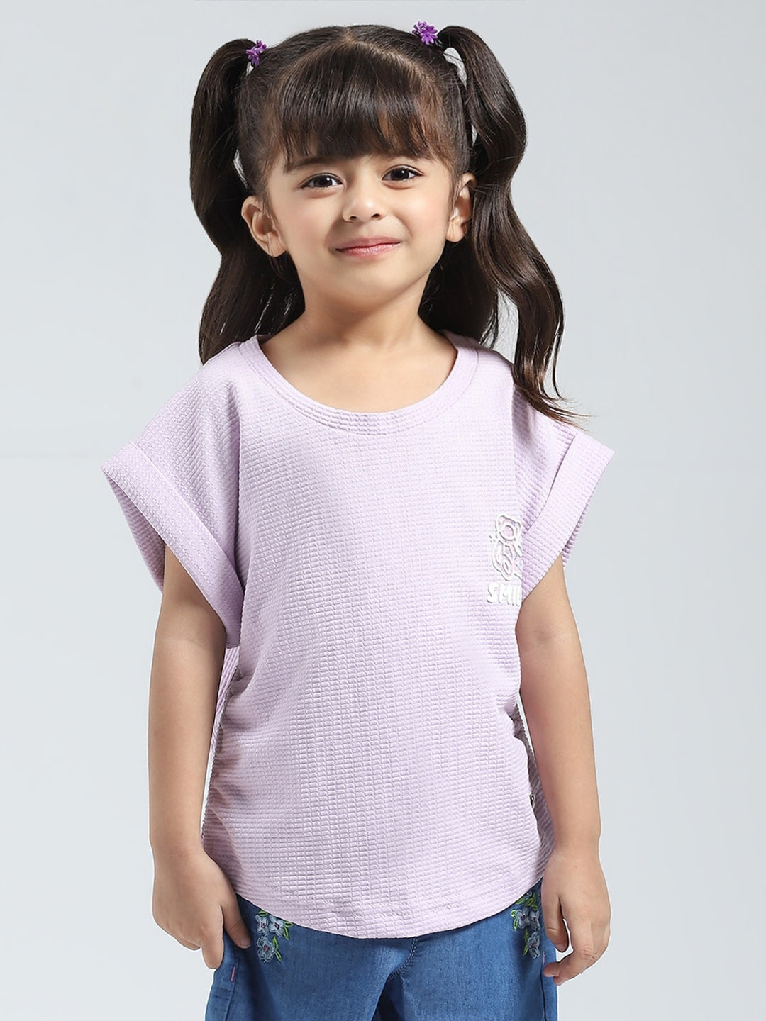 Girls Purple Solid Round Neck Half Sleeve Top
