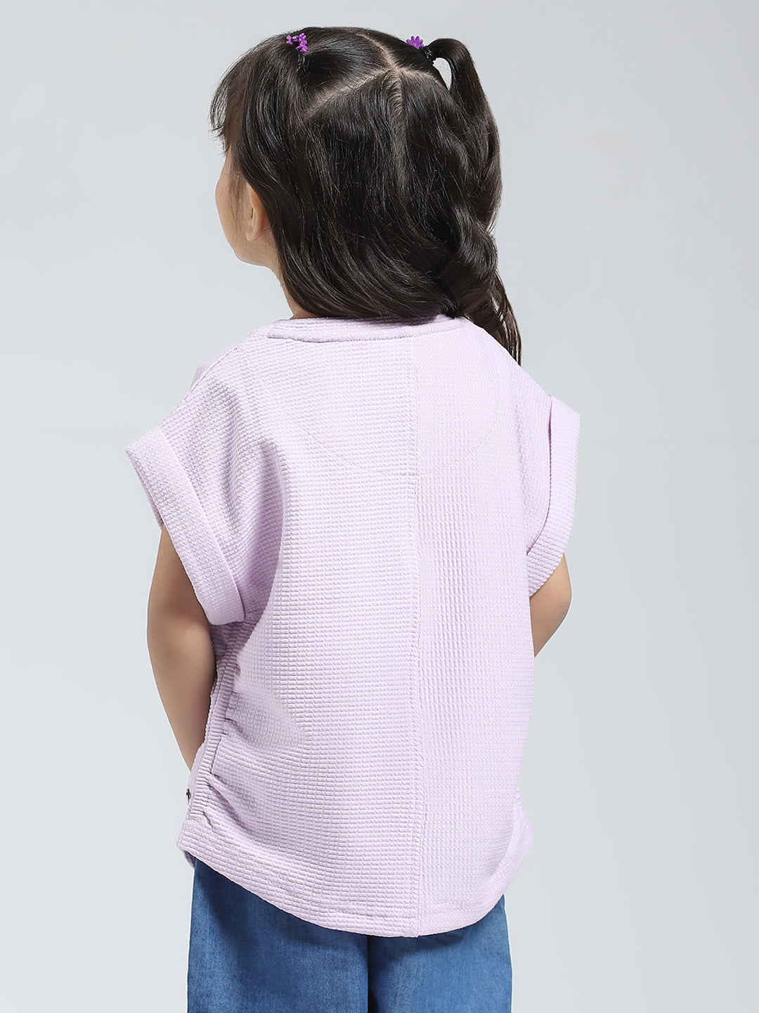 Girls Purple Solid Round Neck Half Sleeve Top