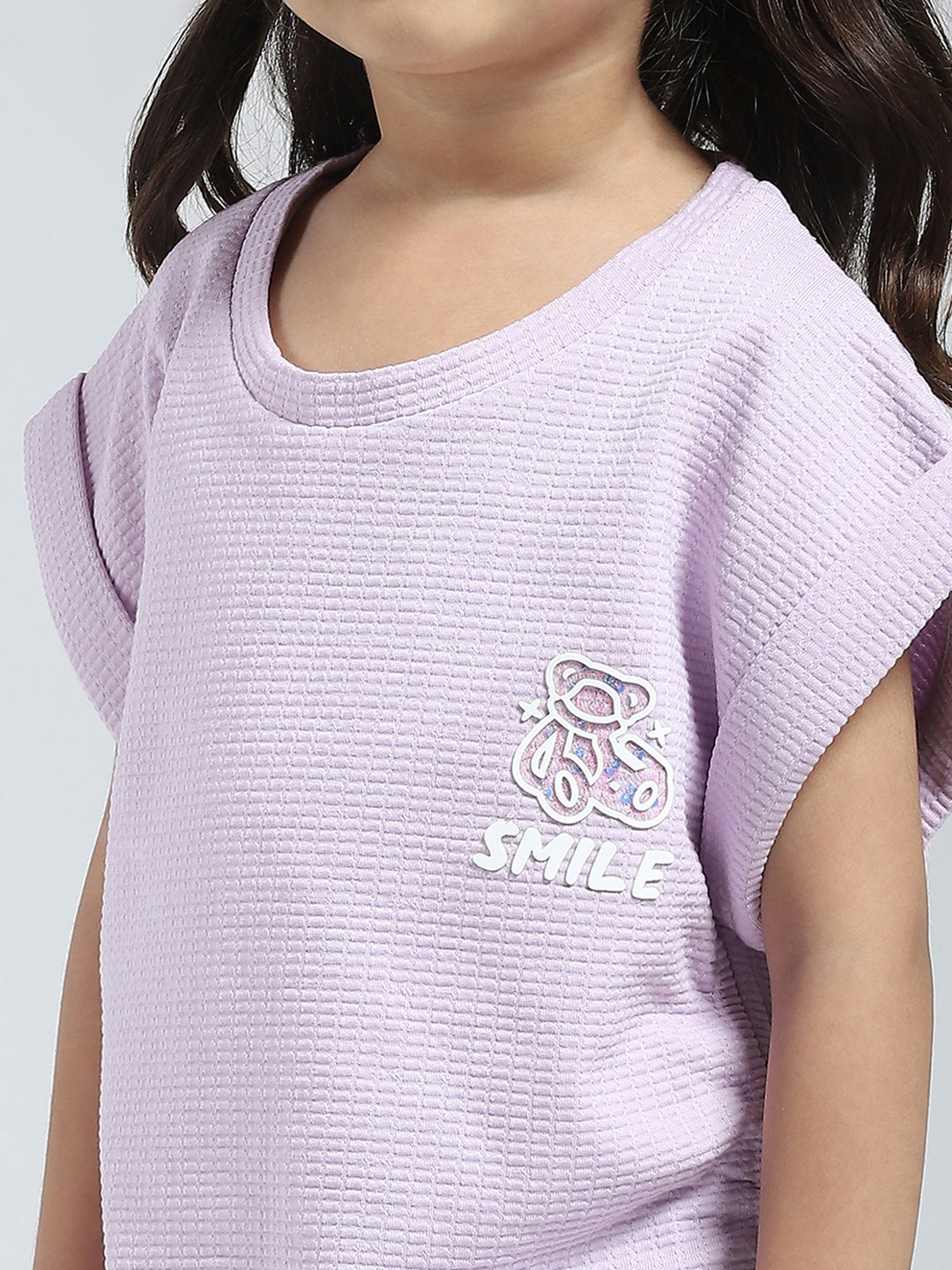 Girls Purple Solid Round Neck Half Sleeve Top