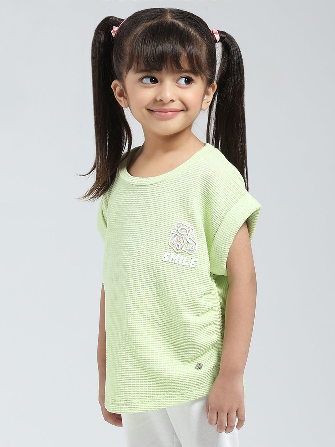 Girls Green Solid Round Neck Half Sleeve Top