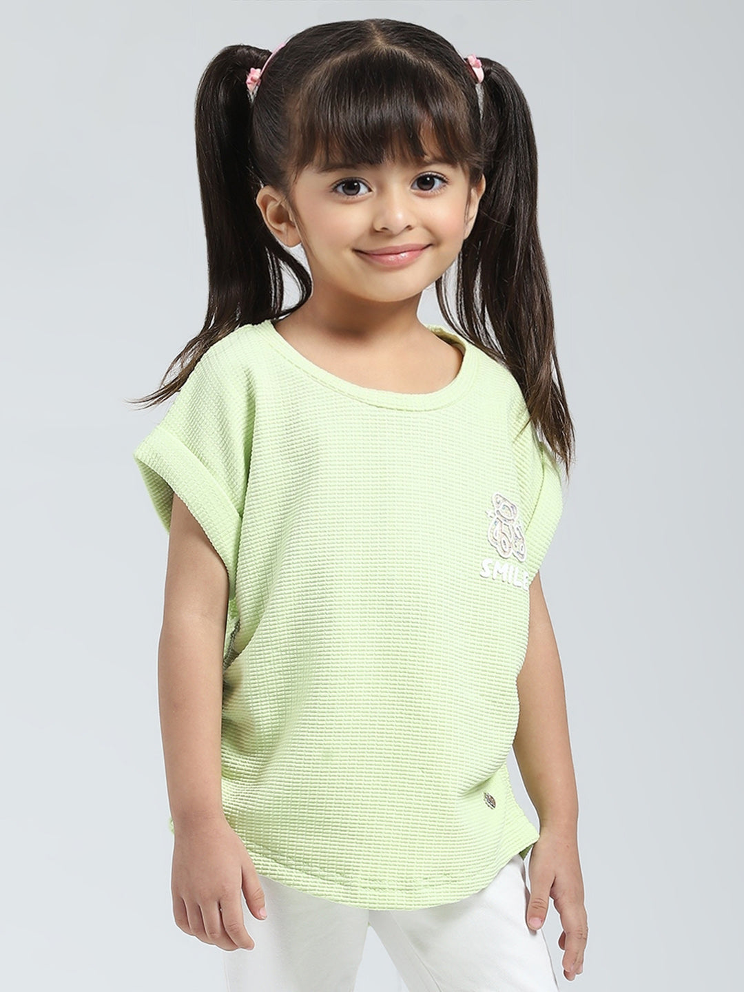 Girls Green Solid Round Neck Half Sleeve Top