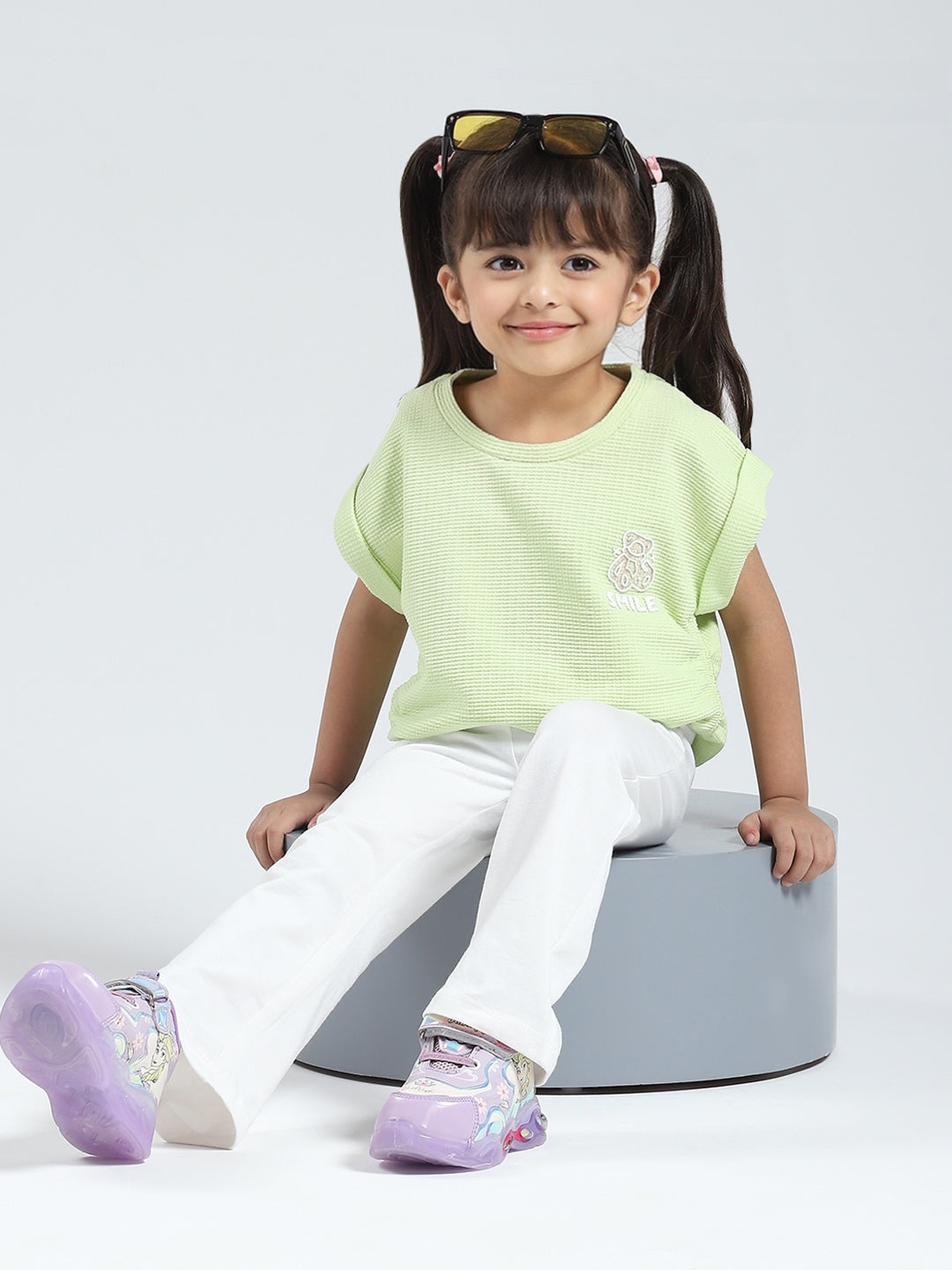 Girls Green Solid Round Neck Half Sleeve Top