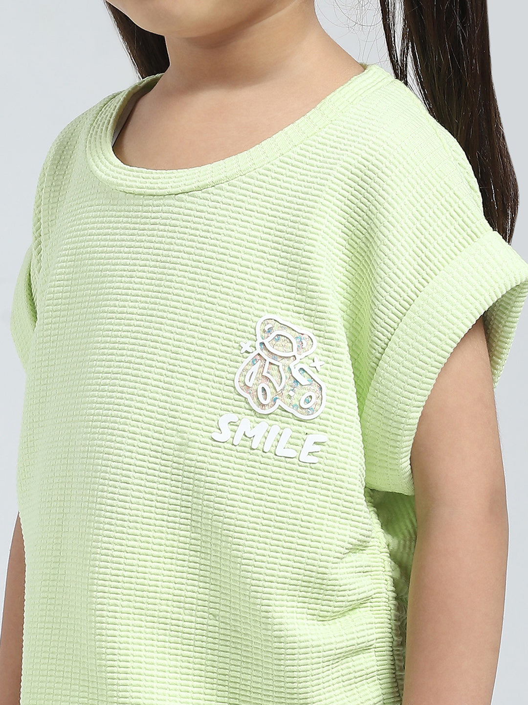 Girls Green Solid Round Neck Half Sleeve Top