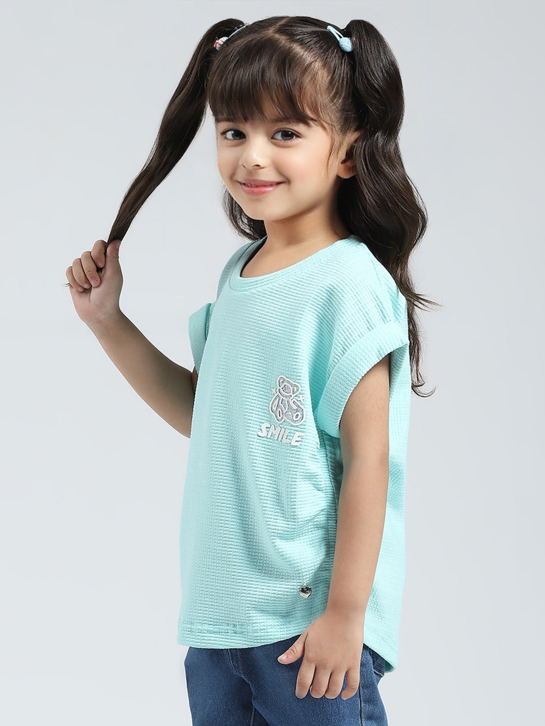 Girls Blue Solid Round Neck Half Sleeve Top