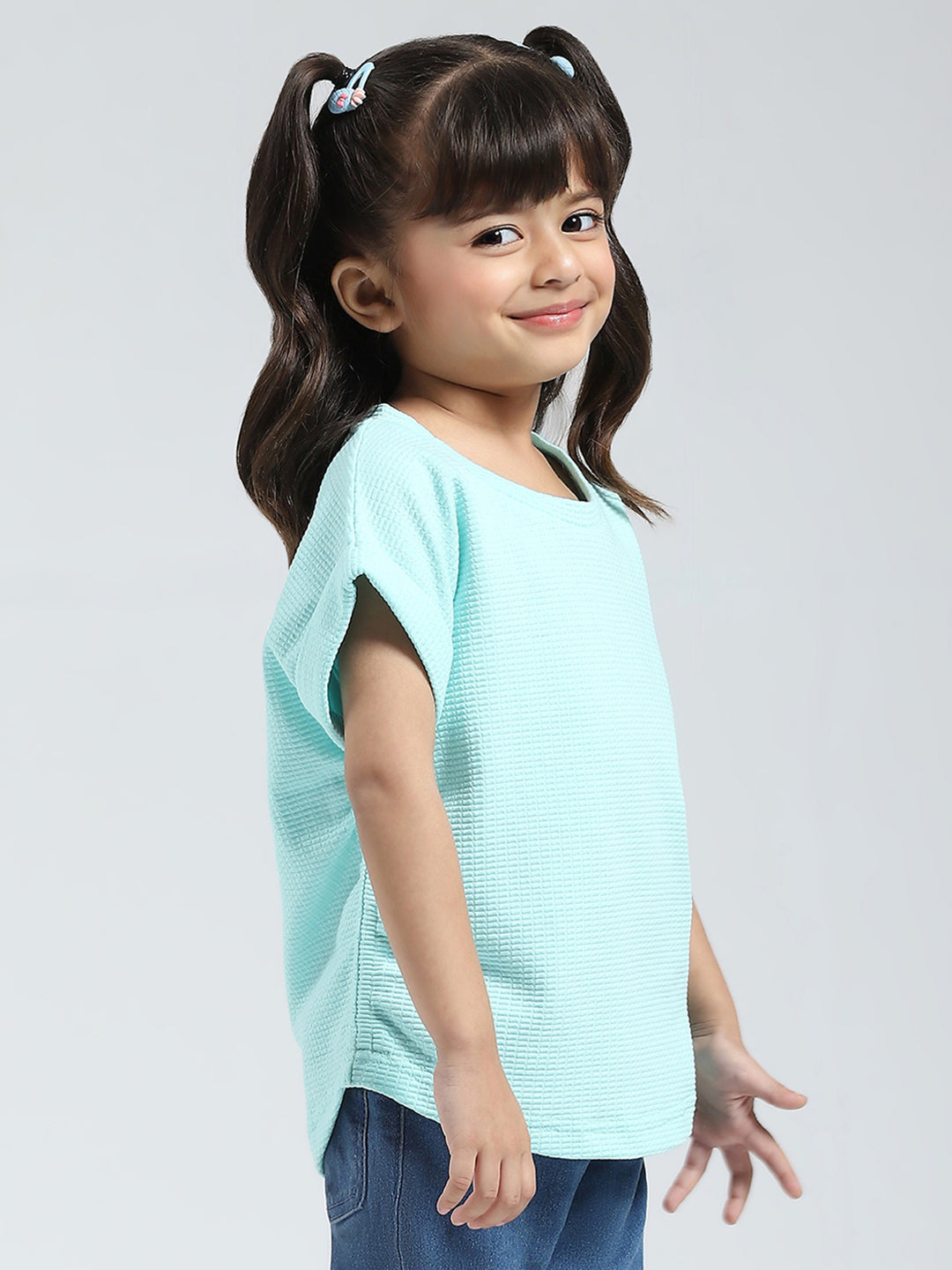 Girls Blue Solid Round Neck Half Sleeve Top