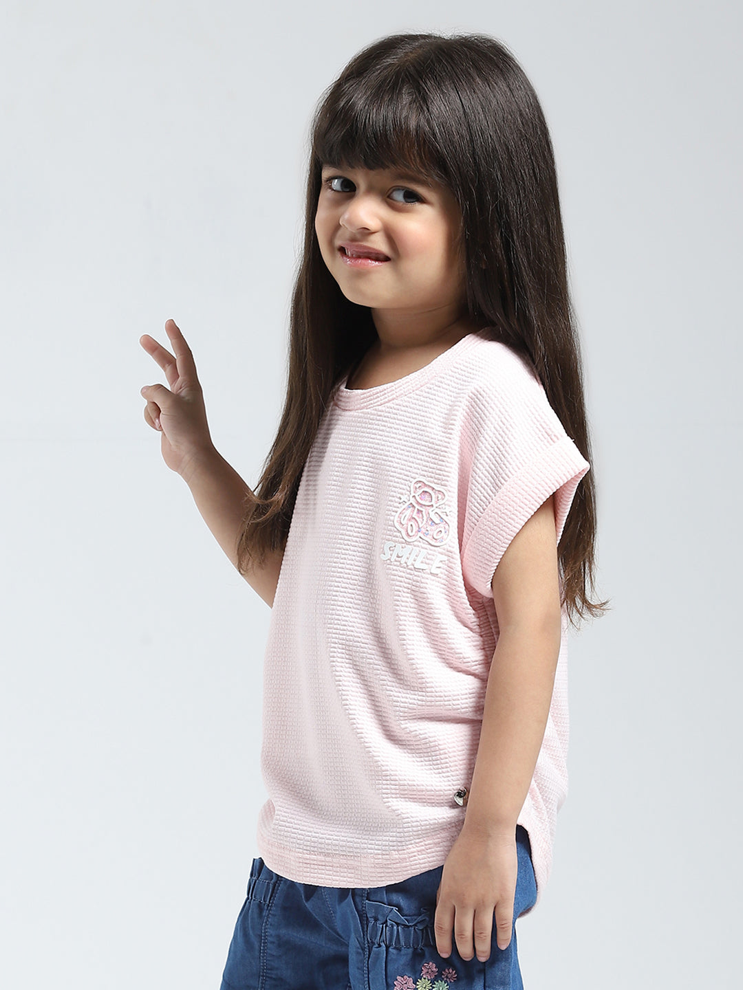 Girls Pink Solid Round Neck Half Sleeve Top