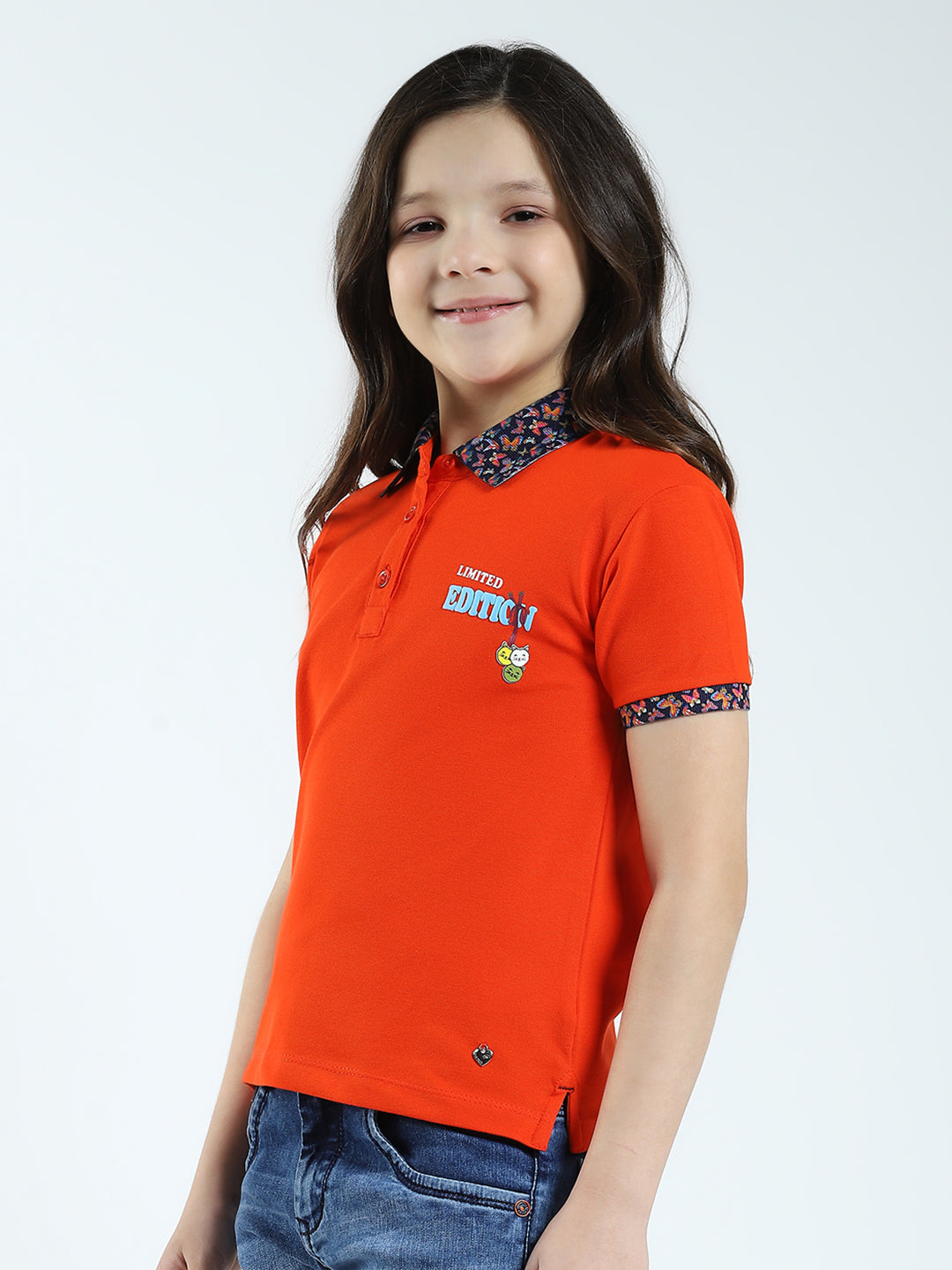 Girls Orange Solid Collar Half Sleeve T-Shirt