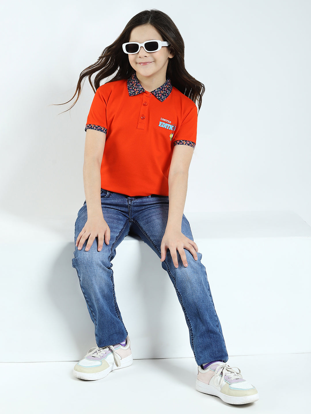 Girls Orange Solid Collar Half Sleeve T-Shirt