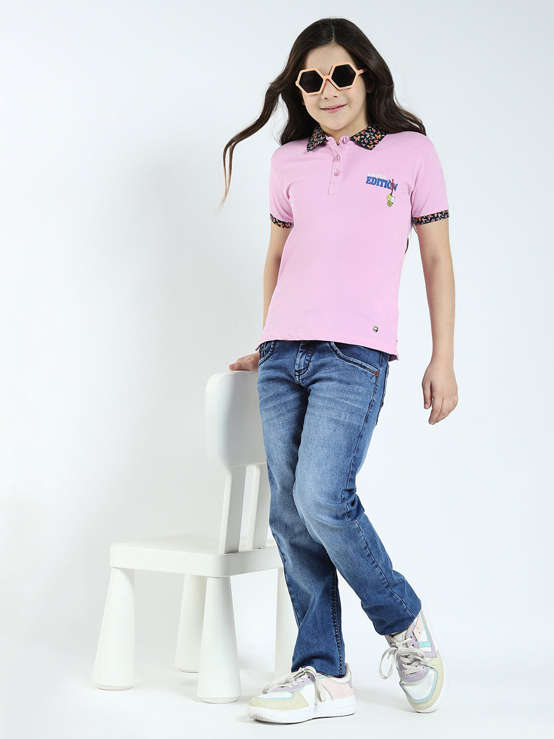 Girls Purple Solid Collar Half Sleeve T-Shirt