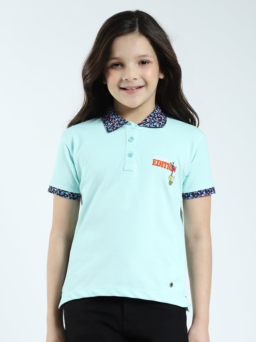 Girls Blue Solid Collar Half Sleeve T-Shirt