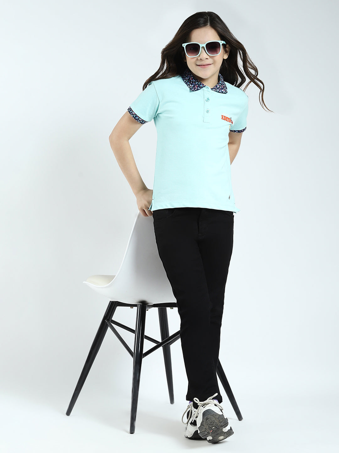 Girls Blue Solid Collar Half Sleeve T-Shirt