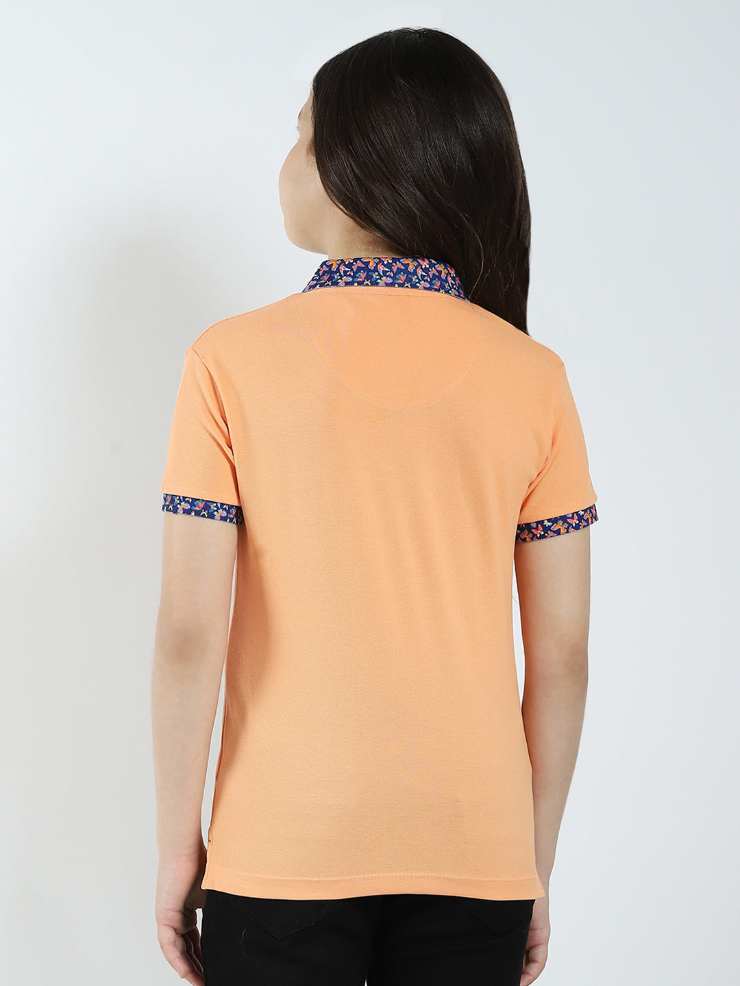 Girls Peach Solid Collar Half Sleeve T-Shirt