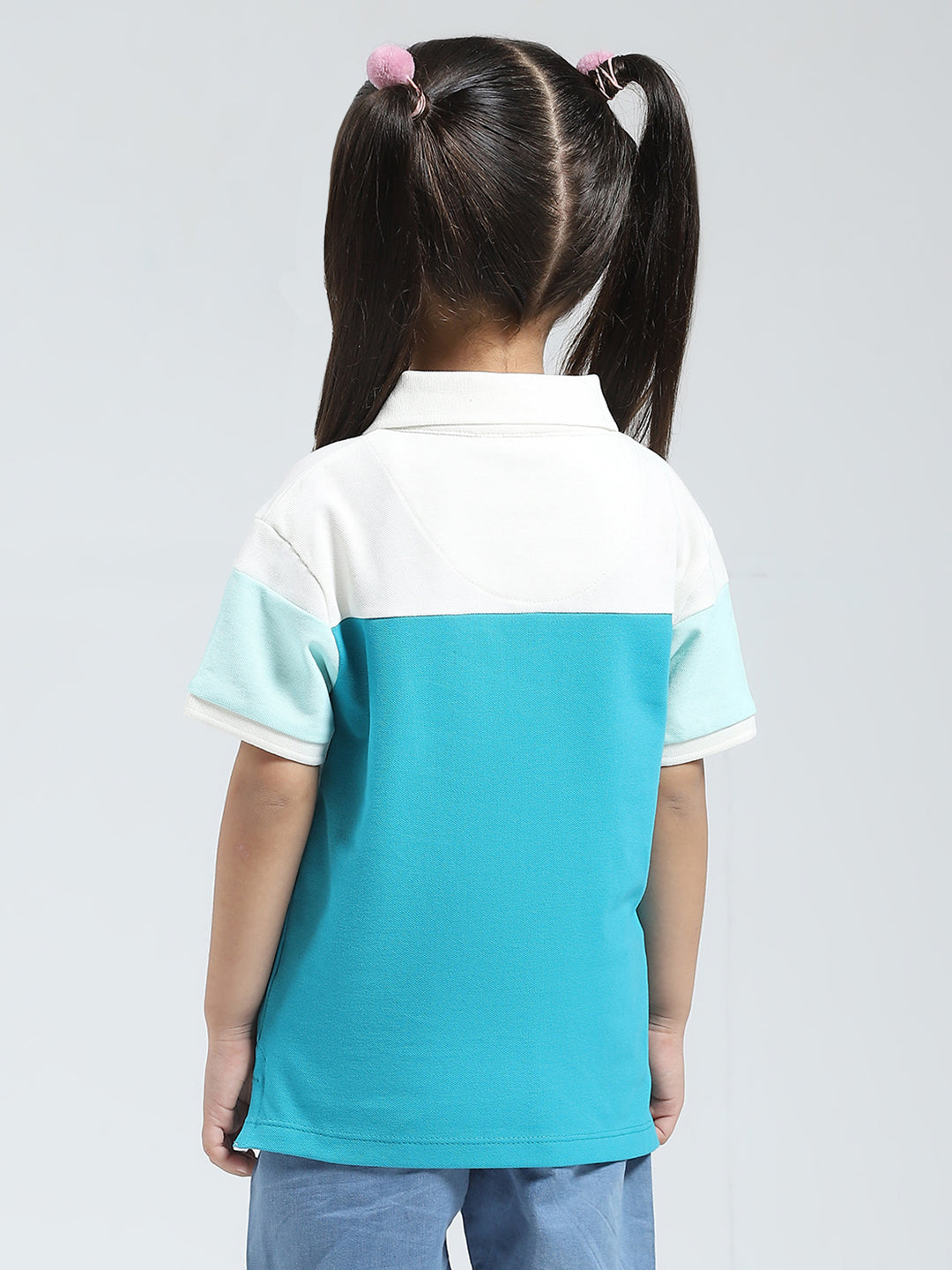 Girls Blue Printed Collar Half Sleeve T-Shirt