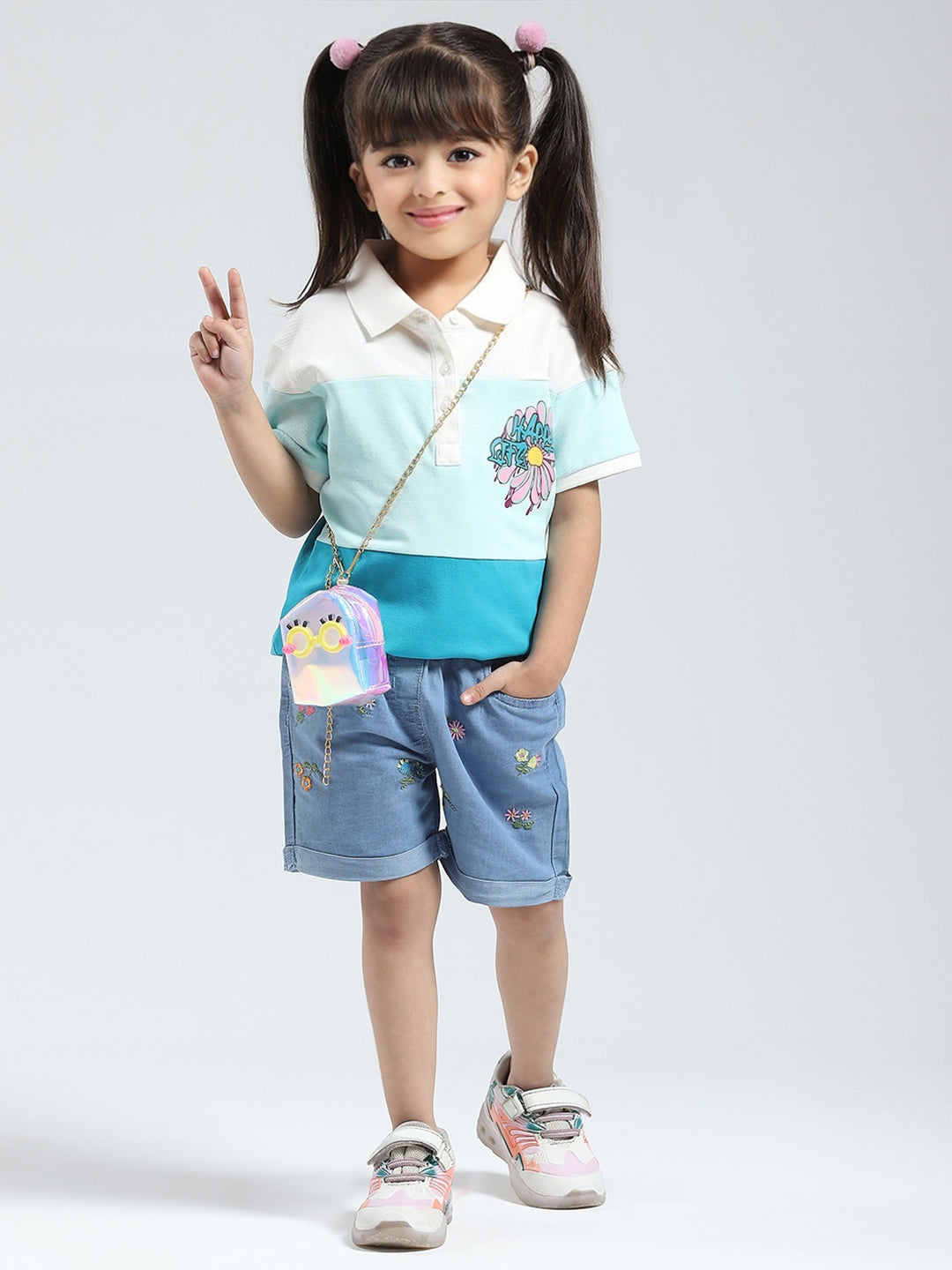 Girls Blue Printed Collar Half Sleeve T-Shirt