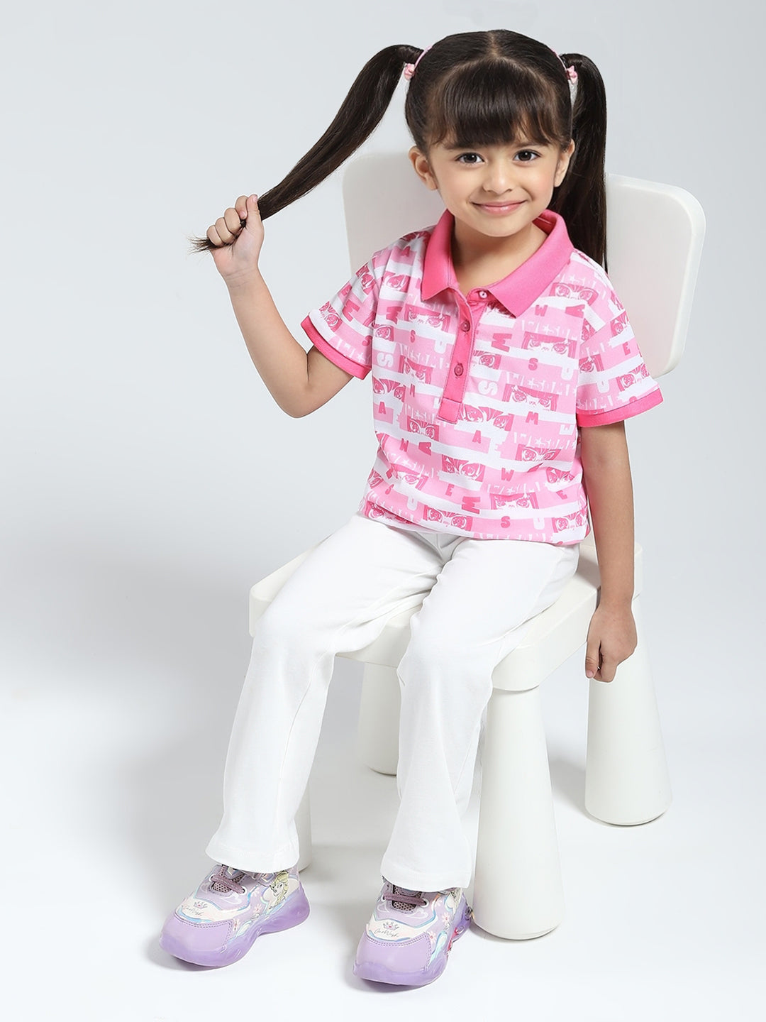 Girls Pink Printed Collar Half Sleeve T-Shirt