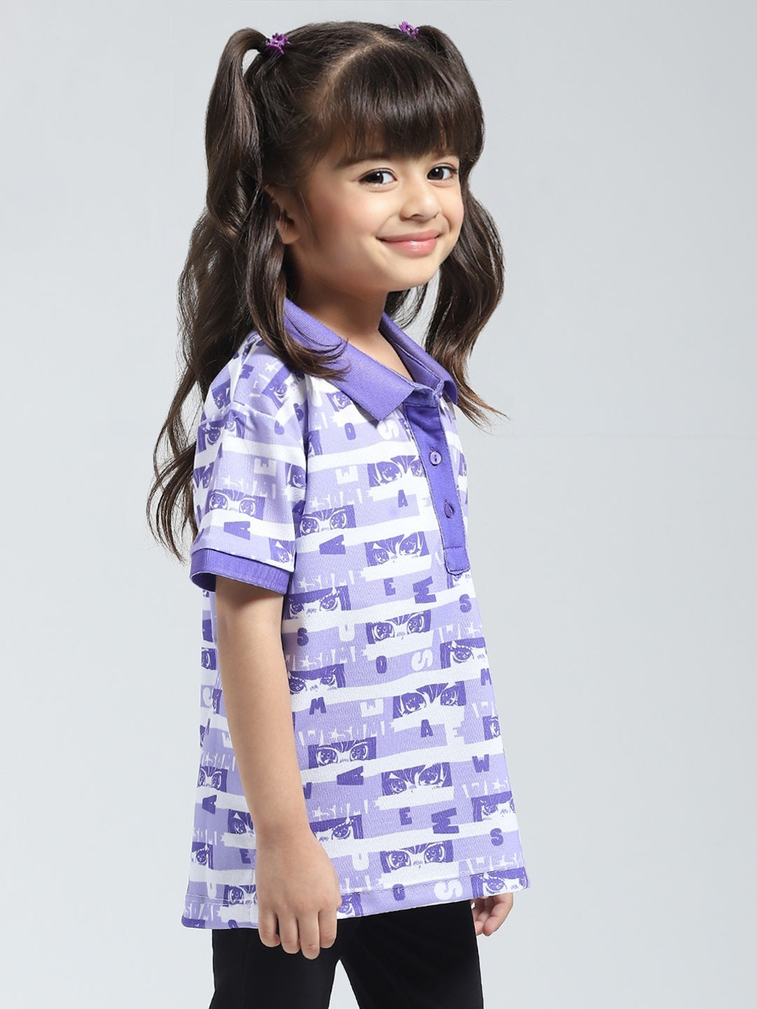 Girls Purple Printed Collar Half Sleeve T-Shirt