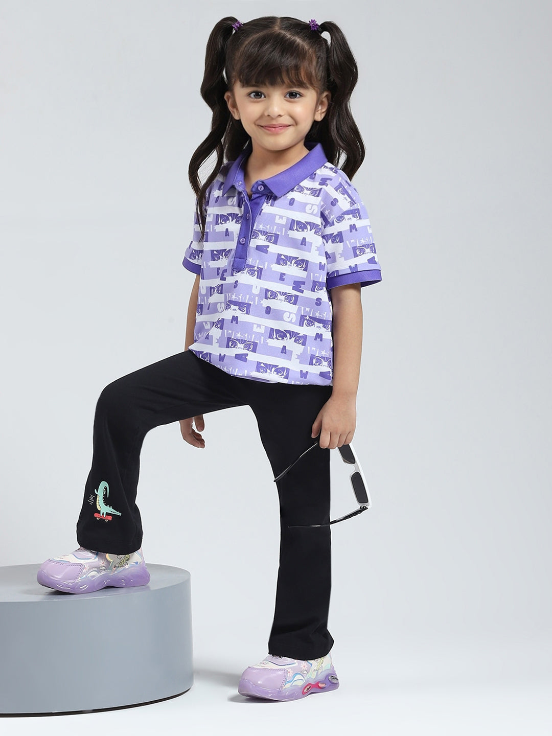 Girls Purple Printed Collar Half Sleeve T-Shirt