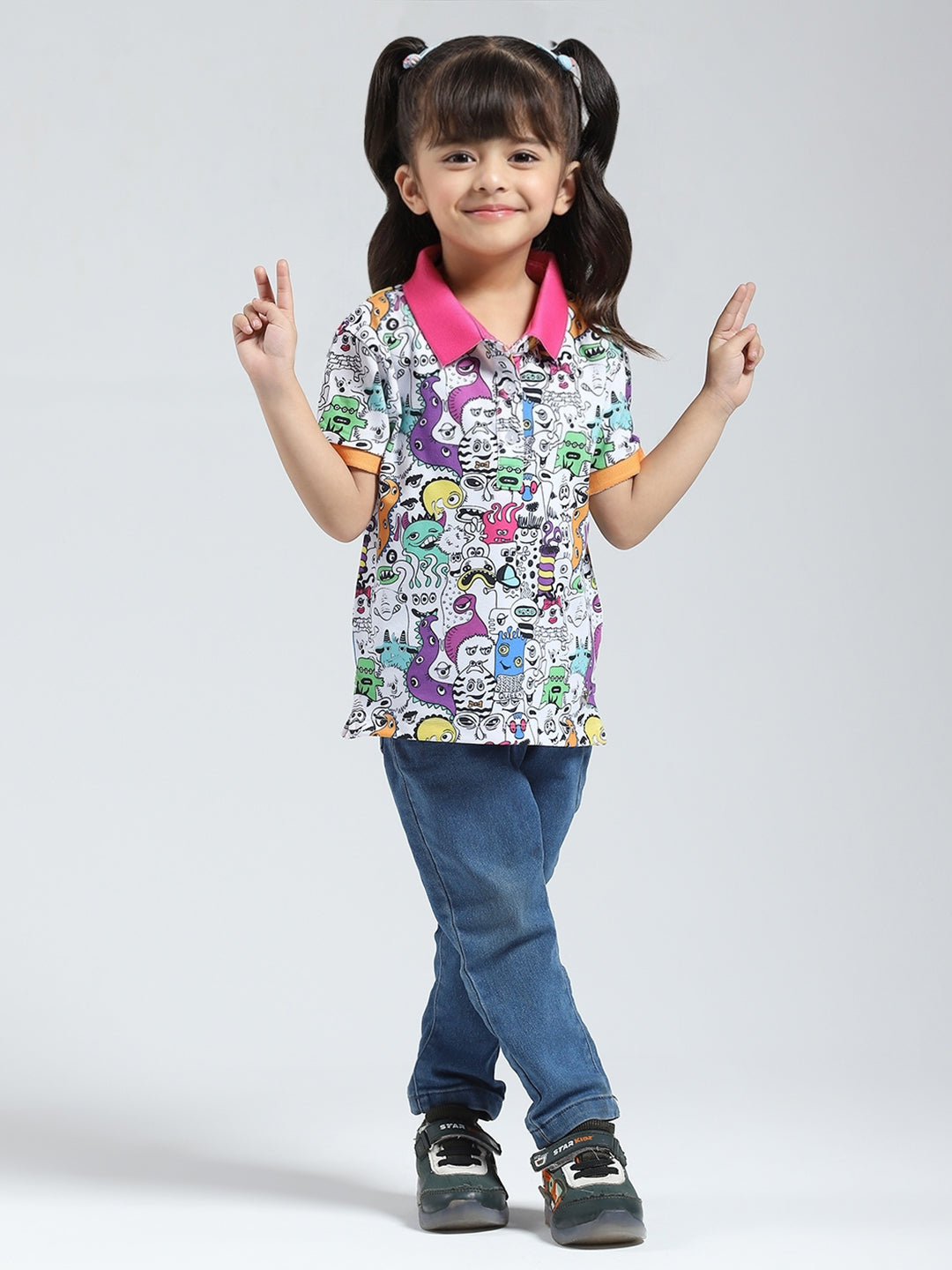 Girls Pink Printed Collar Half Sleeve T-Shirt