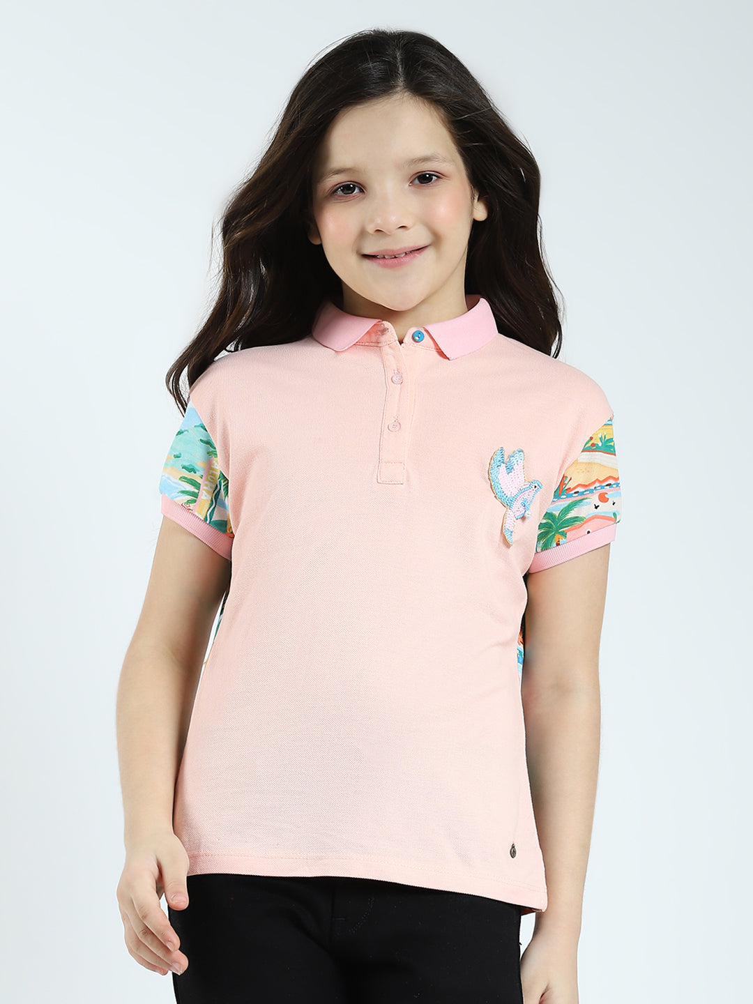 Girls Peach Printed Collar Half Sleeve T-Shirt