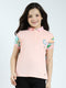Girls Peach Printed Collar Half Sleeve T-Shirt