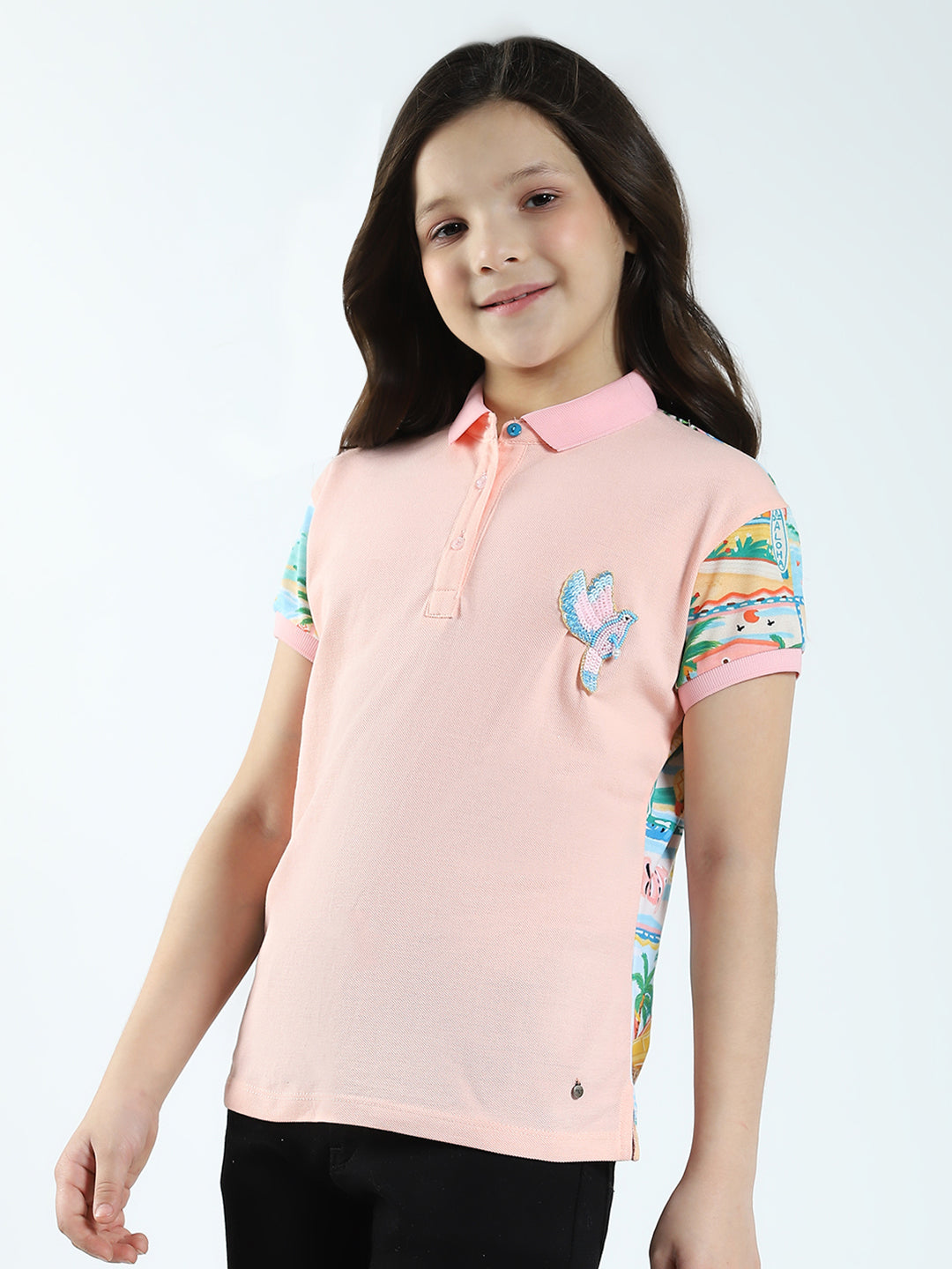 Girls Peach Printed Collar Half Sleeve T-Shirt