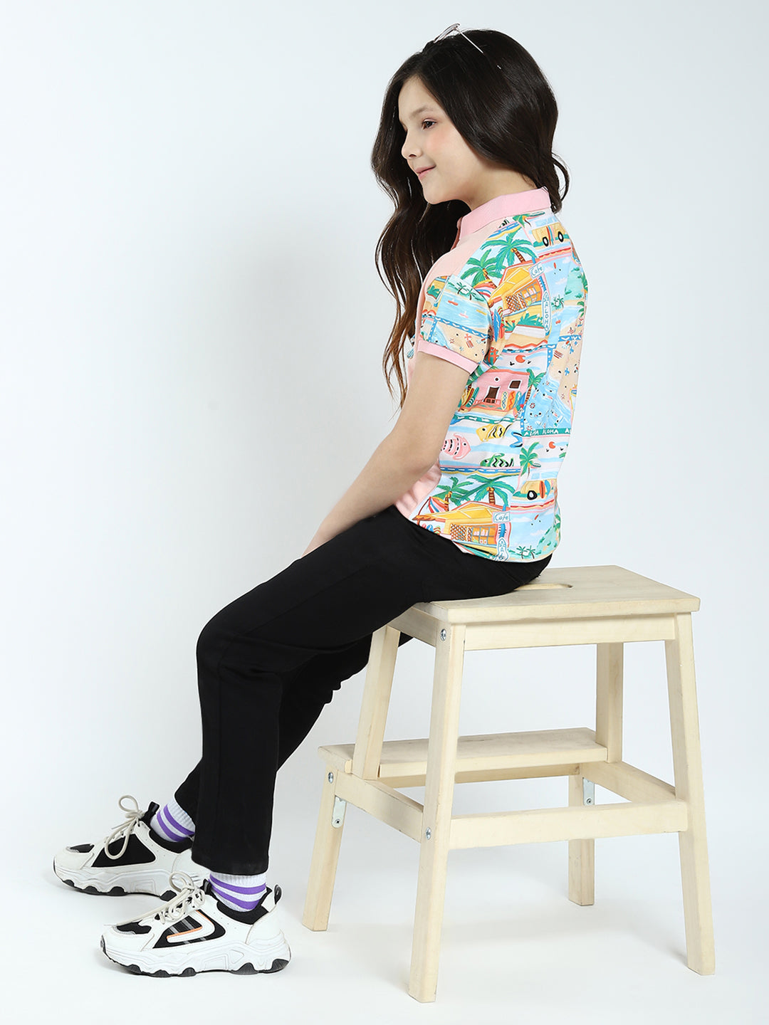 Girls Peach Printed Collar Half Sleeve T-Shirt