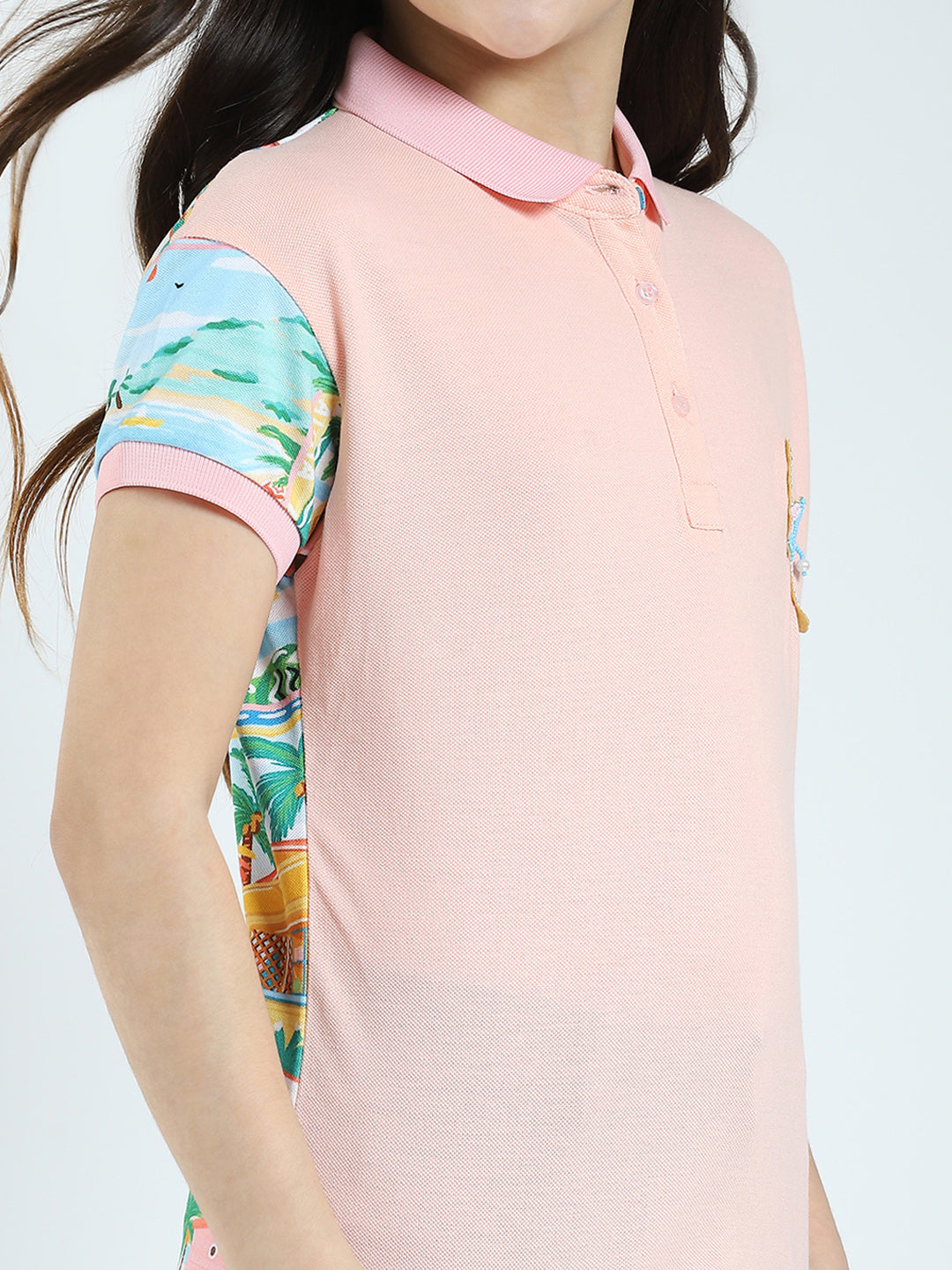 Girls Peach Printed Collar Half Sleeve T-Shirt