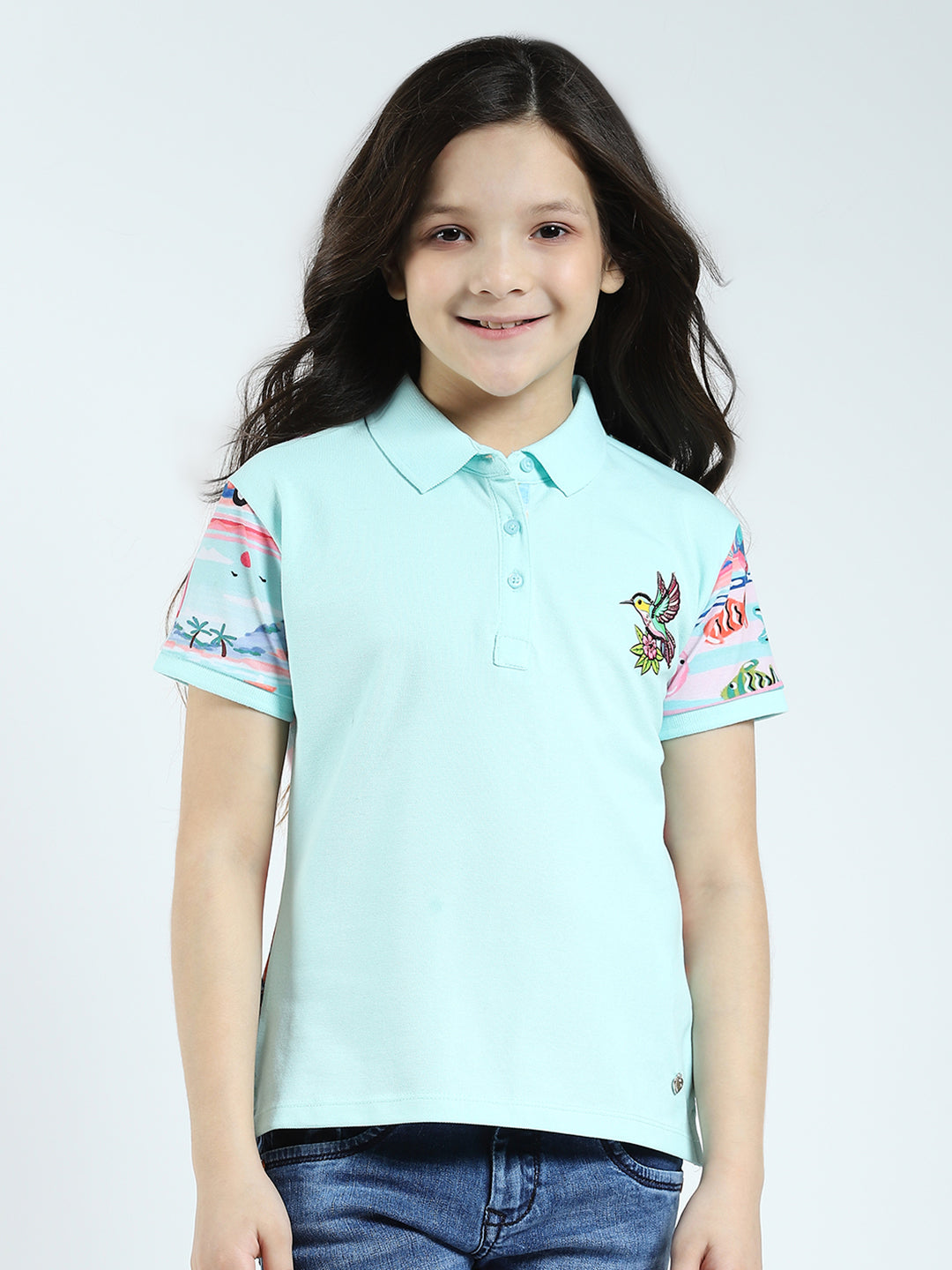 Girls Blue Printed Collar Half Sleeve T-Shirt