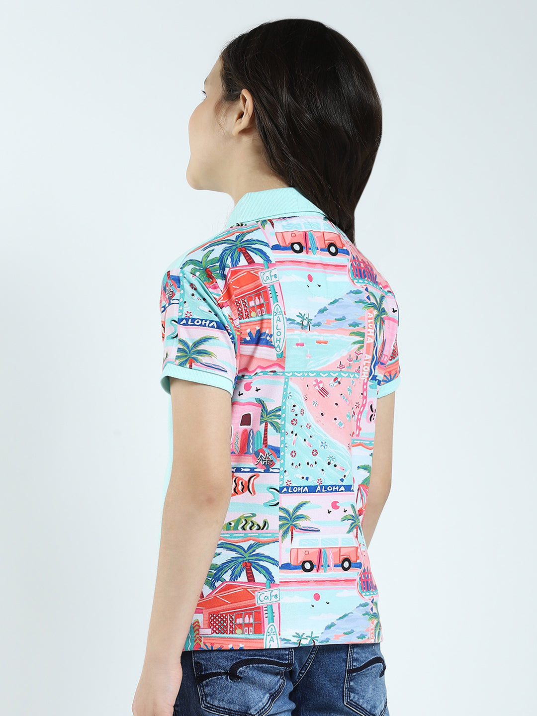 Girls Blue Printed Collar Half Sleeve T-Shirt