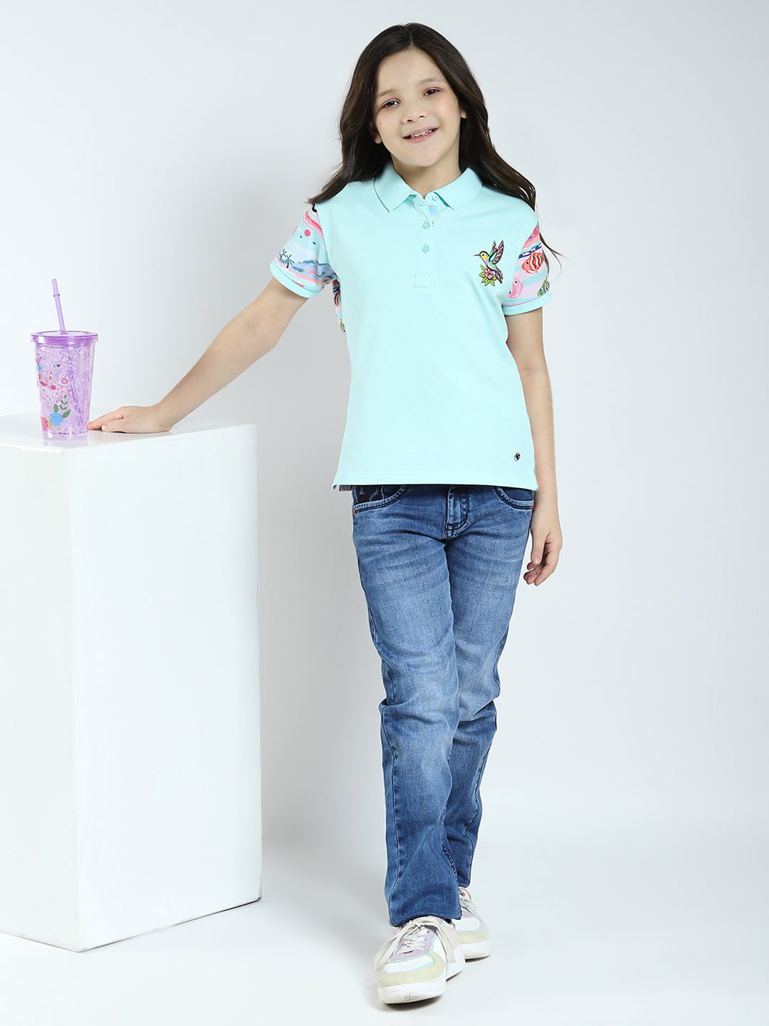 Girls Blue Printed Collar Half Sleeve T-Shirt