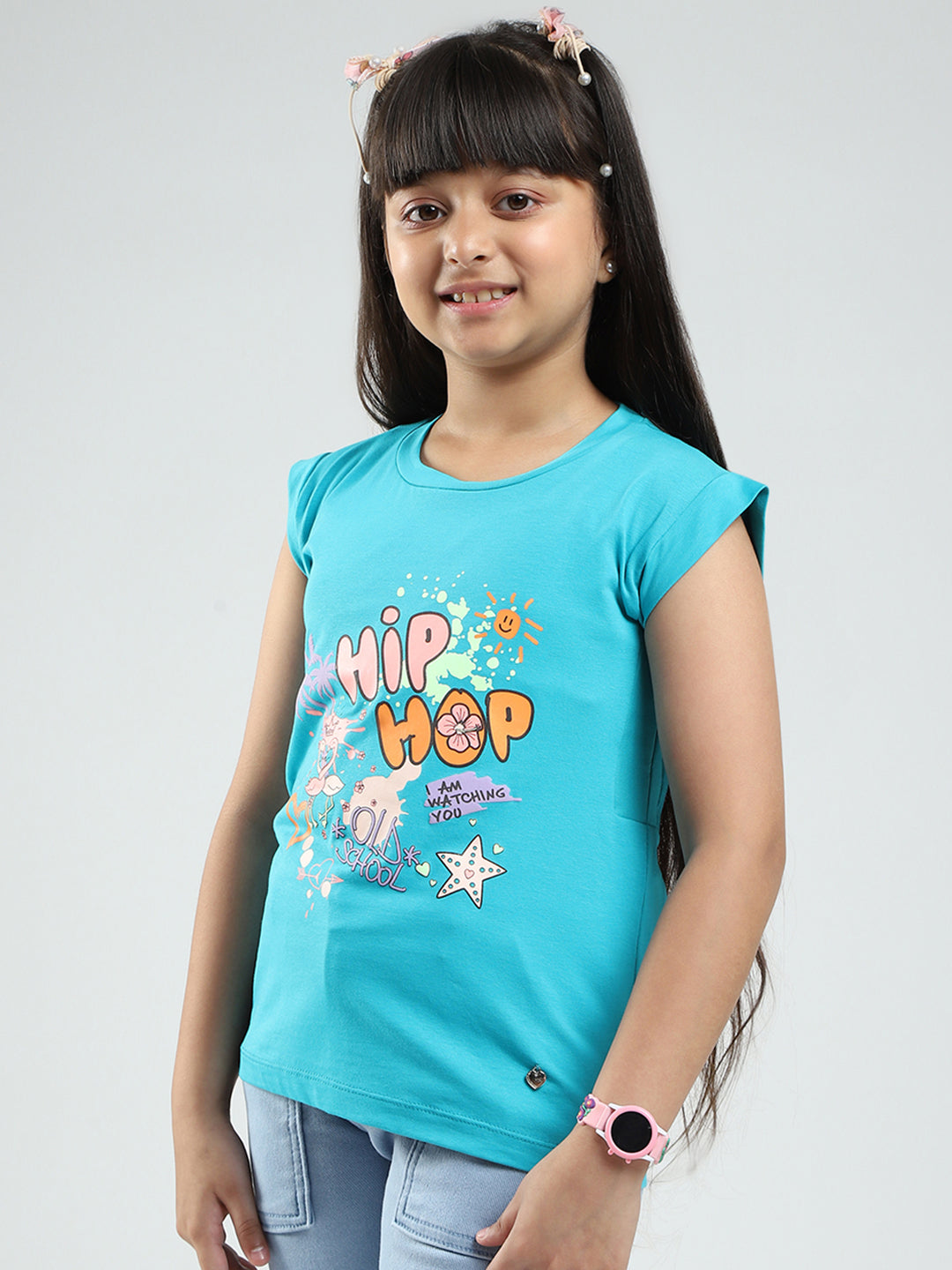 Girls Green Printed Round Neck Half Sleeve Top