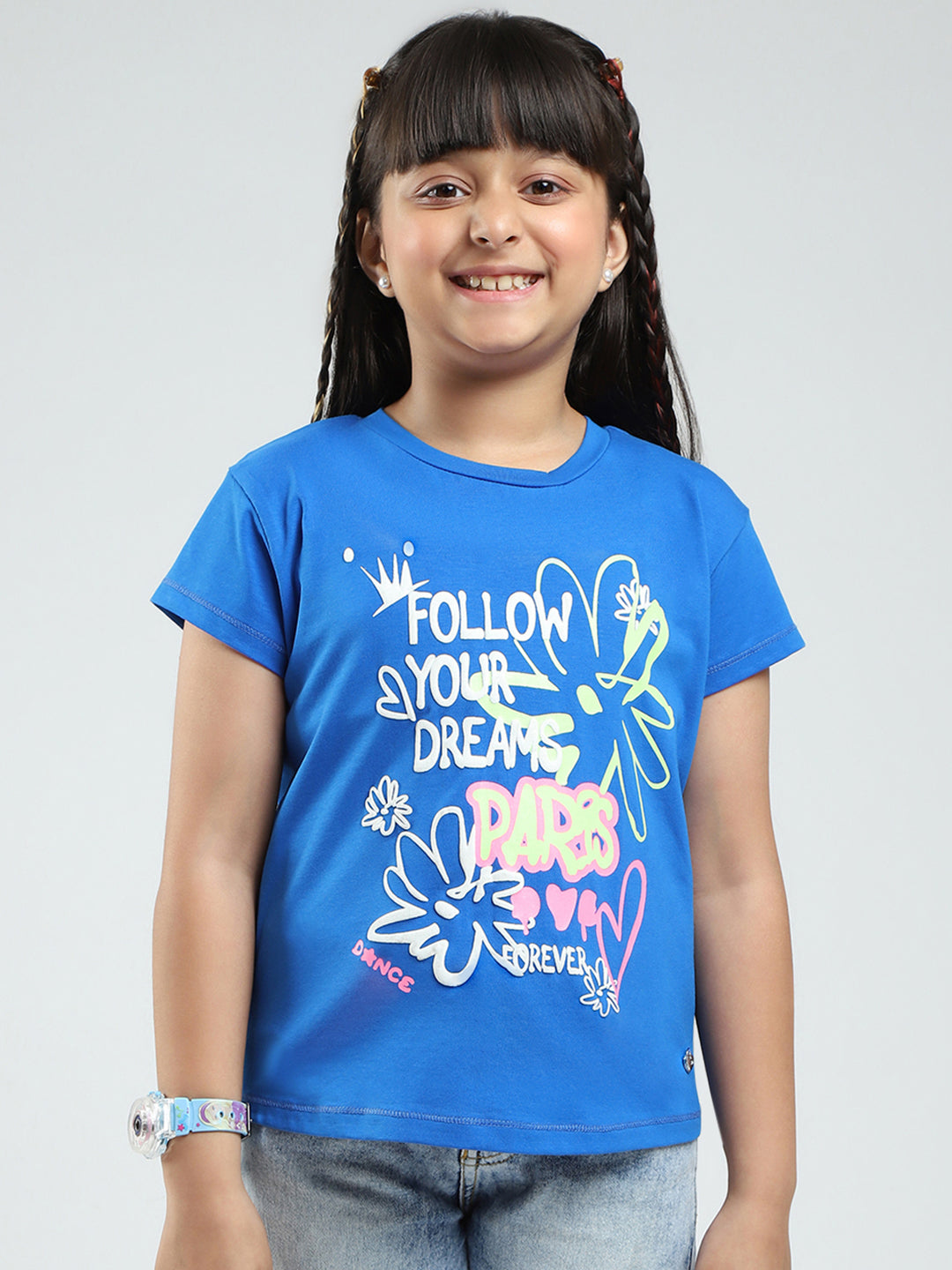 Girls Blue Printed Round Neck Half Sleeve Top