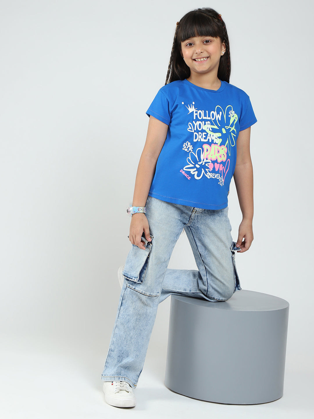 Girls Blue Printed Round Neck Half Sleeve Top
