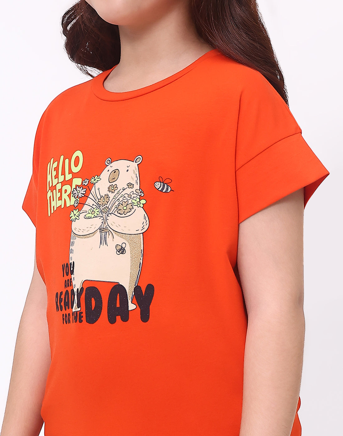 Girls Orange Printed Round Neck Half Sleeve Top