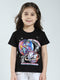 Girls Black Printed Round Neck Half Sleeve Top