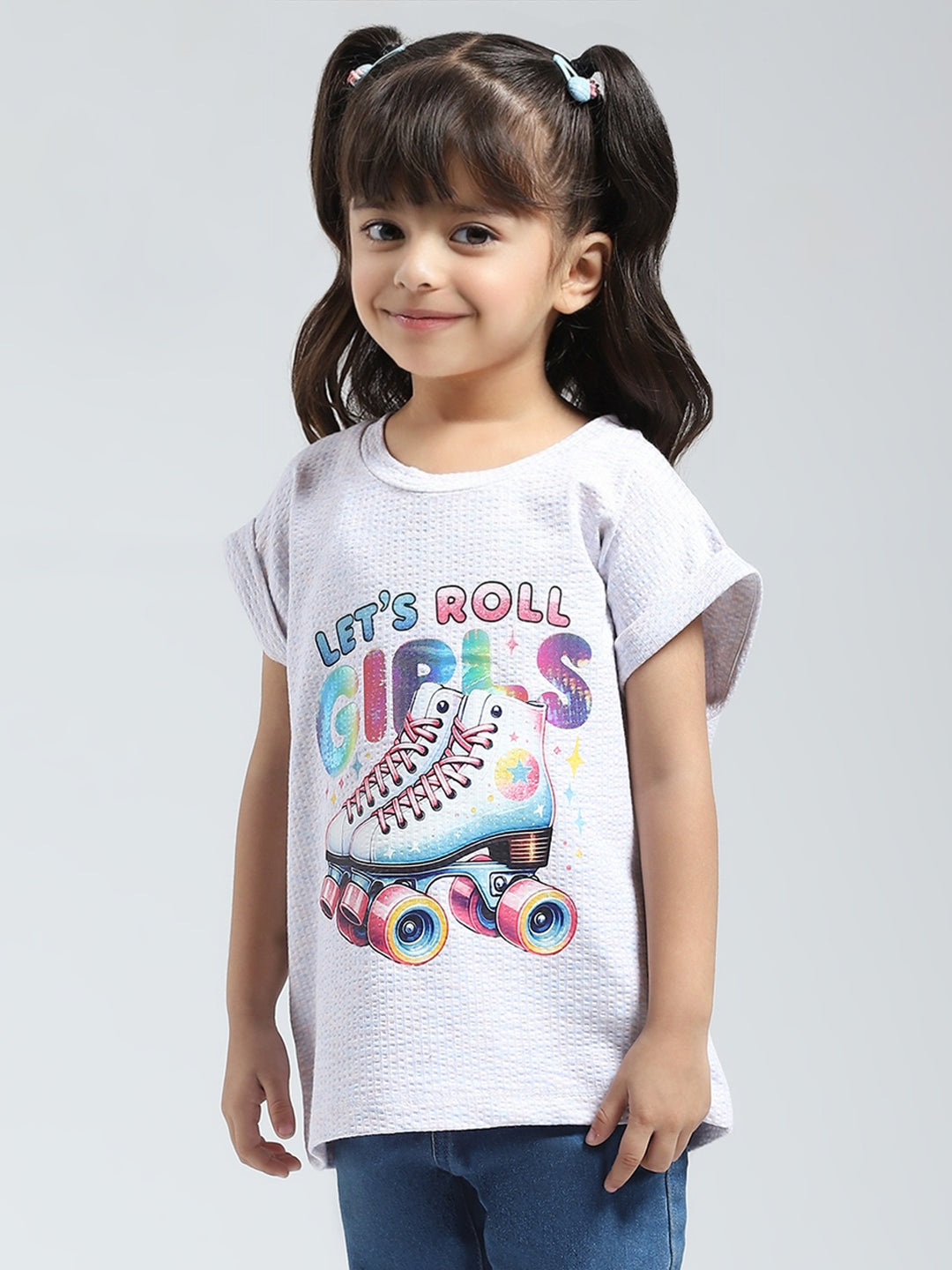 Girls Off White Printed Round Neck Half Sleeve Top