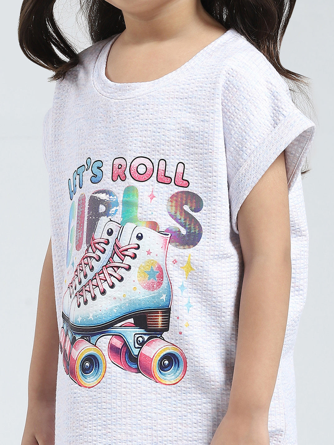 Girls Off White Printed Round Neck Half Sleeve Top