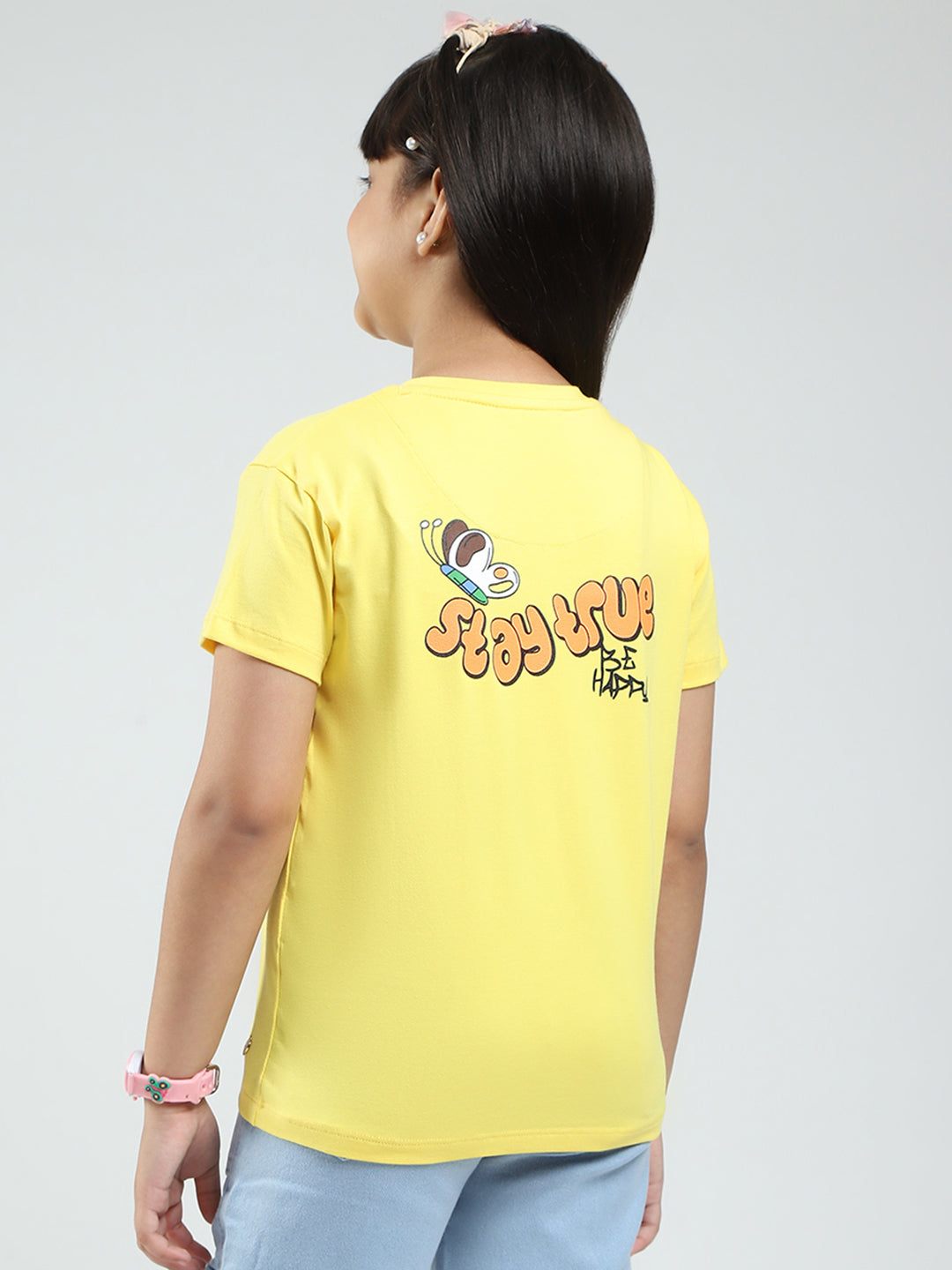 Girls Yellow Printed Round Neck Half Sleeve Top
