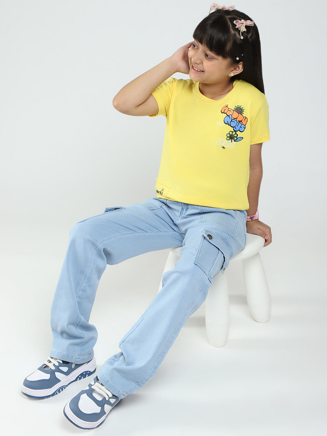 Girls Yellow Printed Round Neck Half Sleeve Top