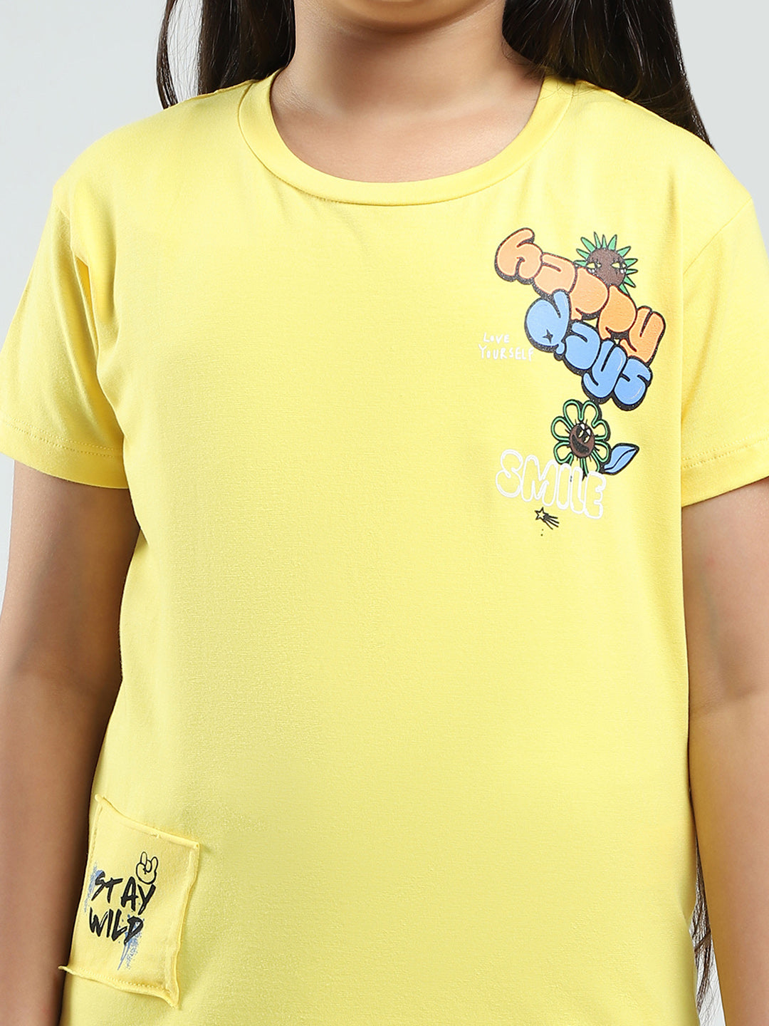 Girls Yellow Printed Round Neck Half Sleeve Top