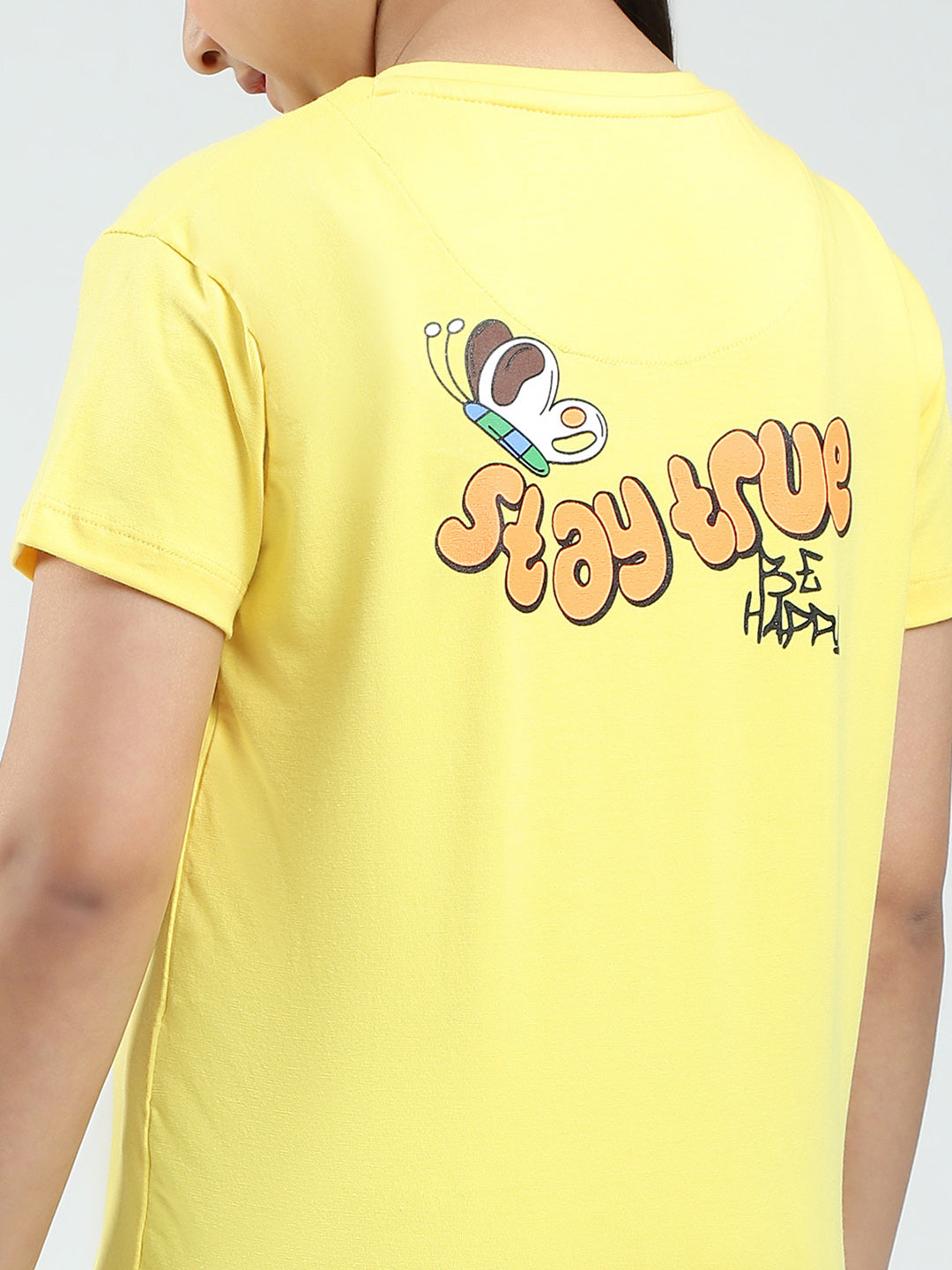 Girls Yellow Printed Round Neck Half Sleeve Top