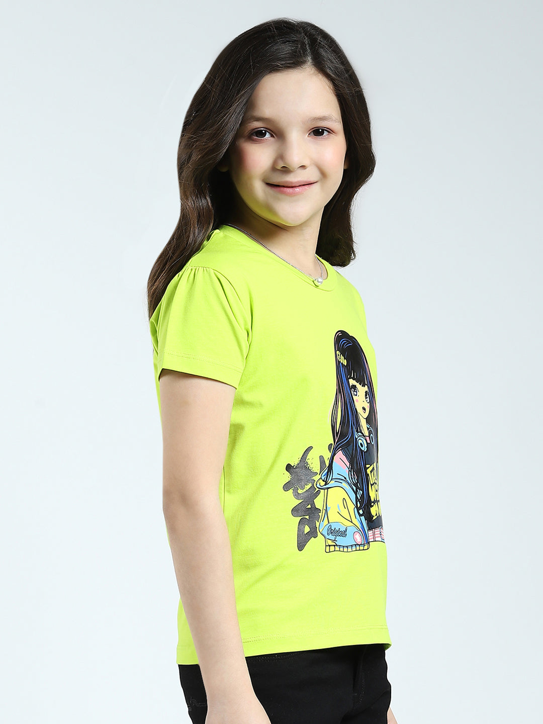 Girls Green Printed Round Neck Half Sleeve Top