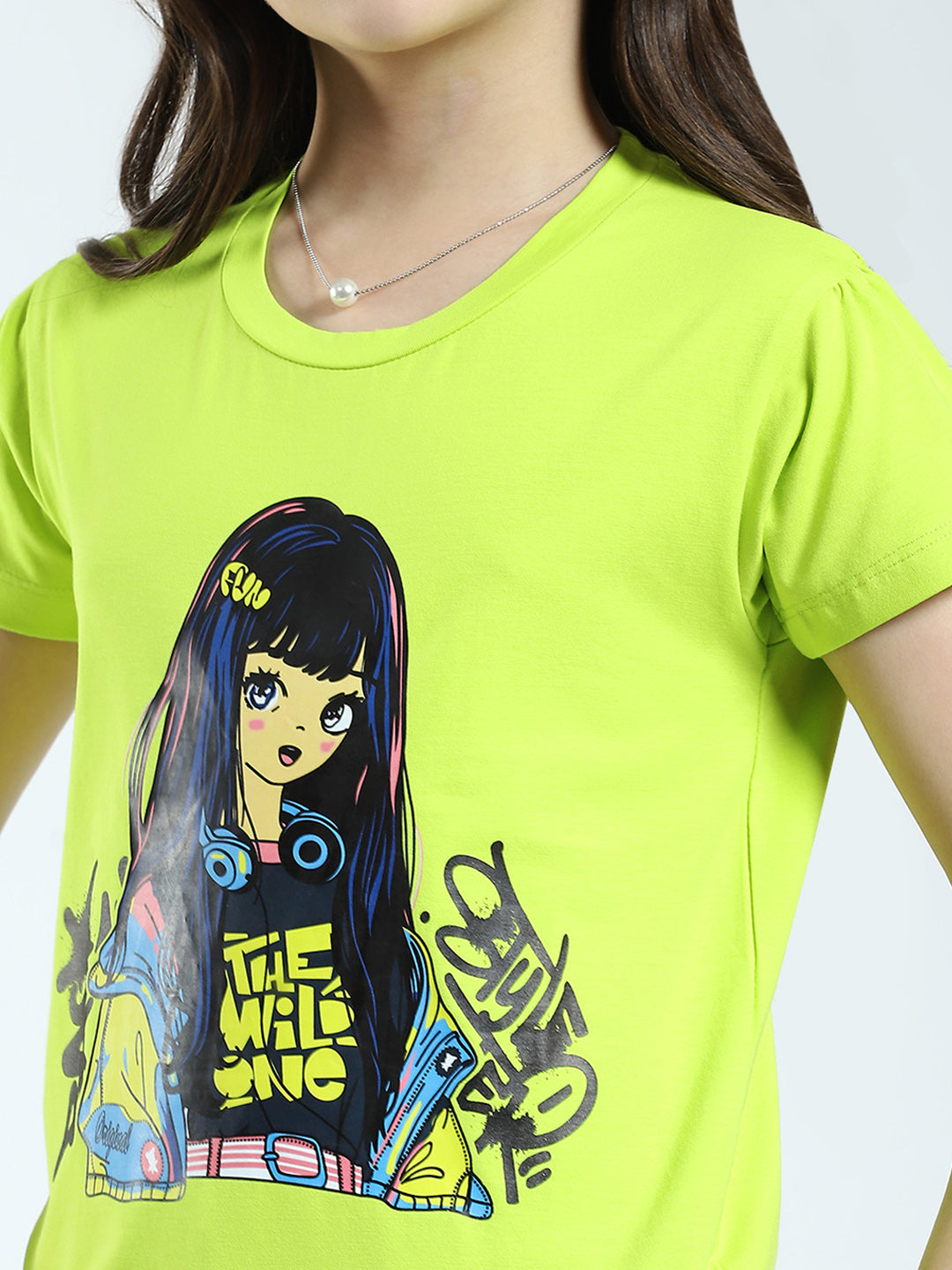 Girls Green Printed Round Neck Half Sleeve Top