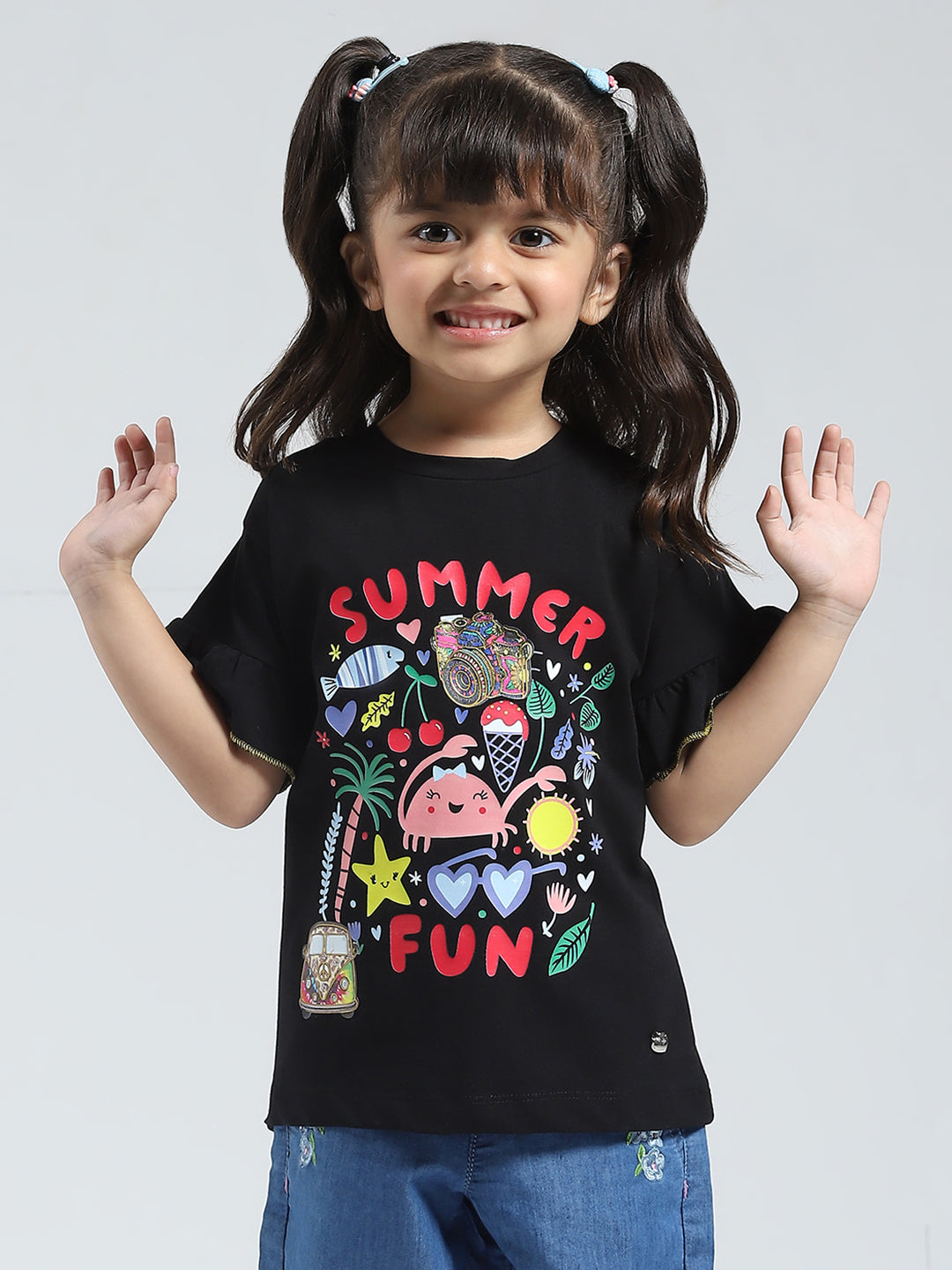Girls Black Printed Round Neck Half Sleeve Top